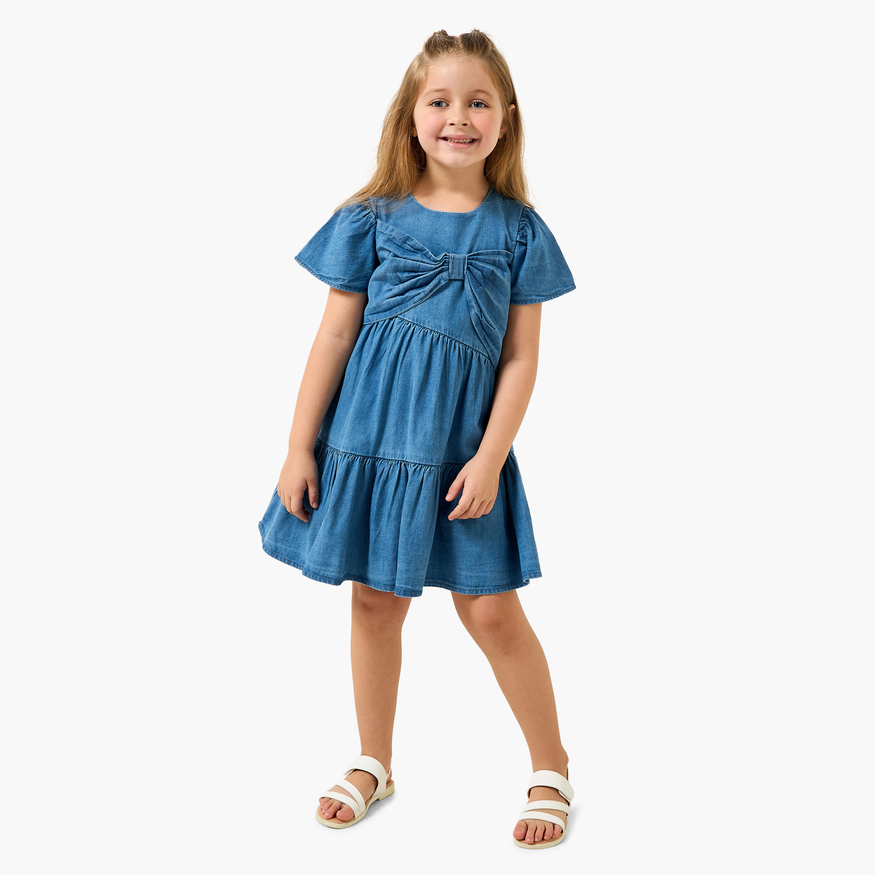 Lee Cooper Round Neck Short Sleeves Tiered Denim Dress with Bow Detail-girls-clothing-dressesandjumpsuits-image-2
