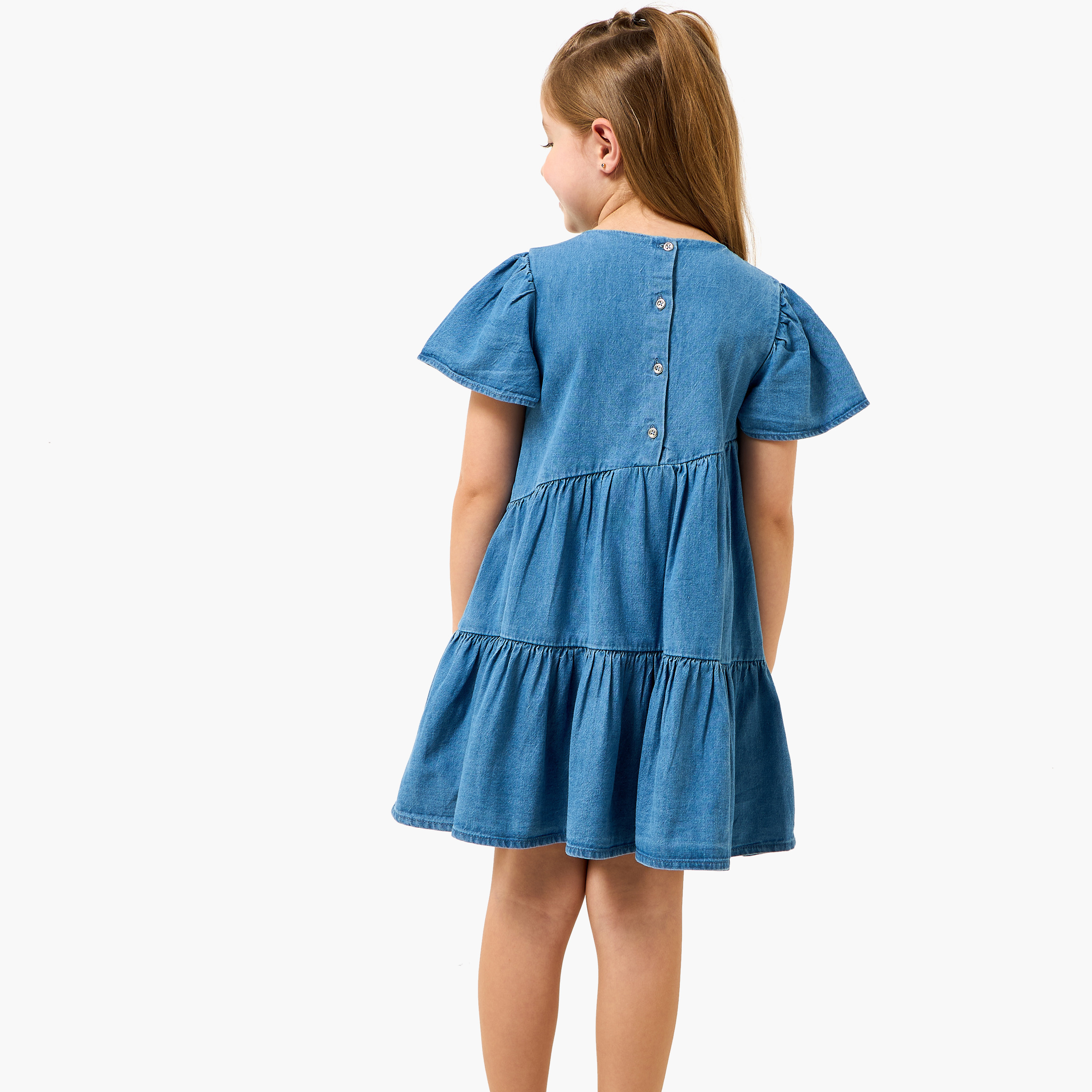 Lee Cooper Round Neck Short Sleeves Tiered Denim Dress with Bow Detail-girls-clothing-dressesandjumpsuits-image-3