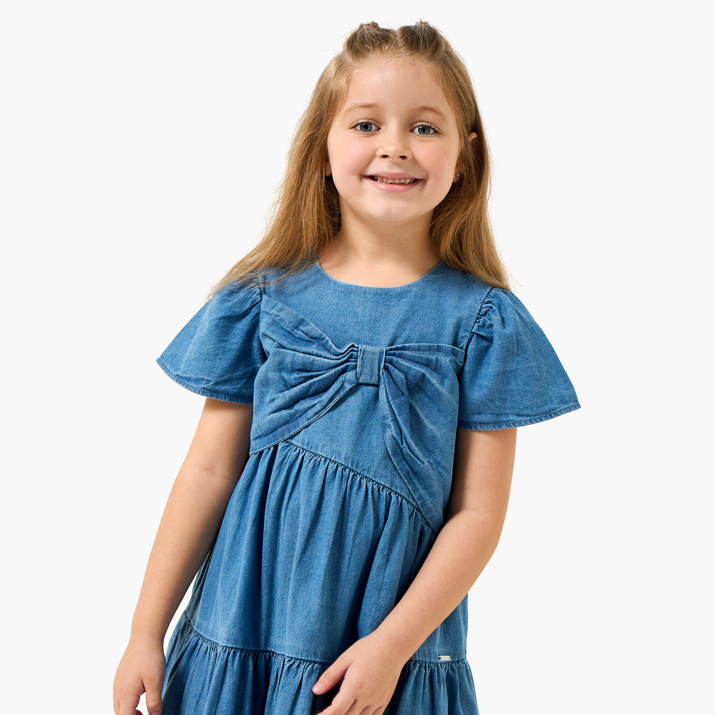 Lee Cooper Round Neck Short Sleeves Tiered Denim Dress with Bow Detail-girls-clothing-dressesandjumpsuits-image-4