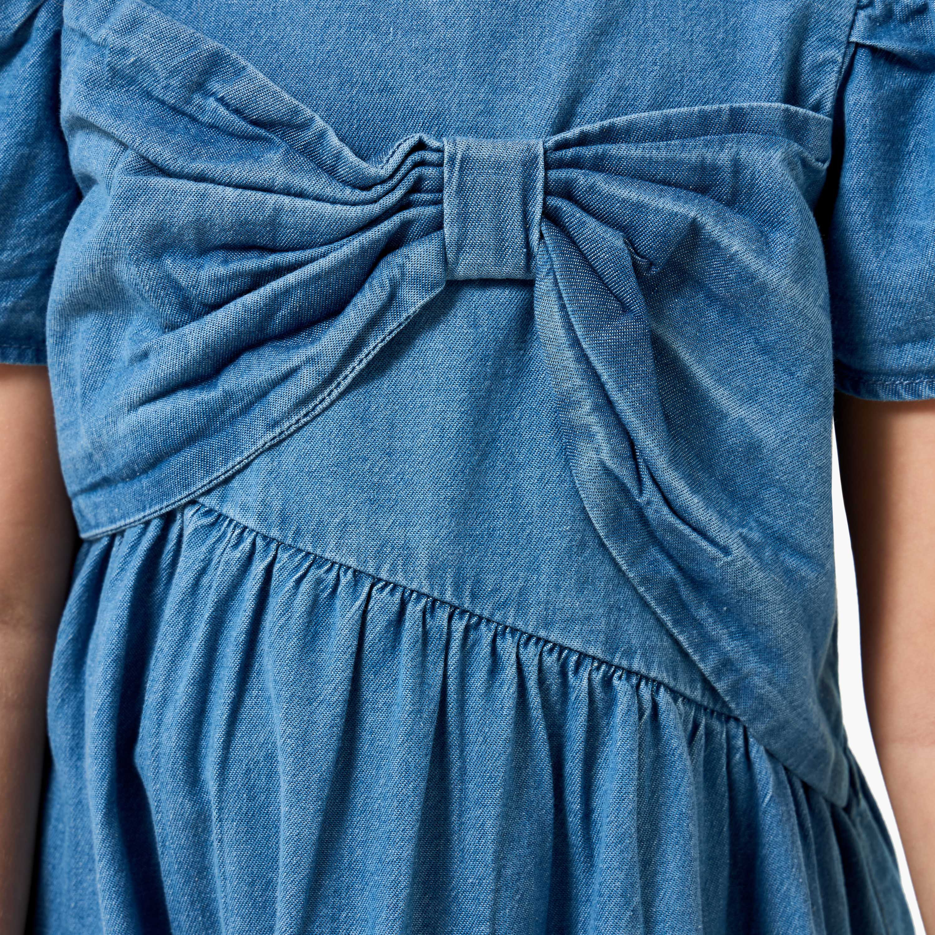 Lee Cooper Round Neck Short Sleeves Tiered Denim Dress with Bow Detail-girls-clothing-dressesandjumpsuits-image-5
