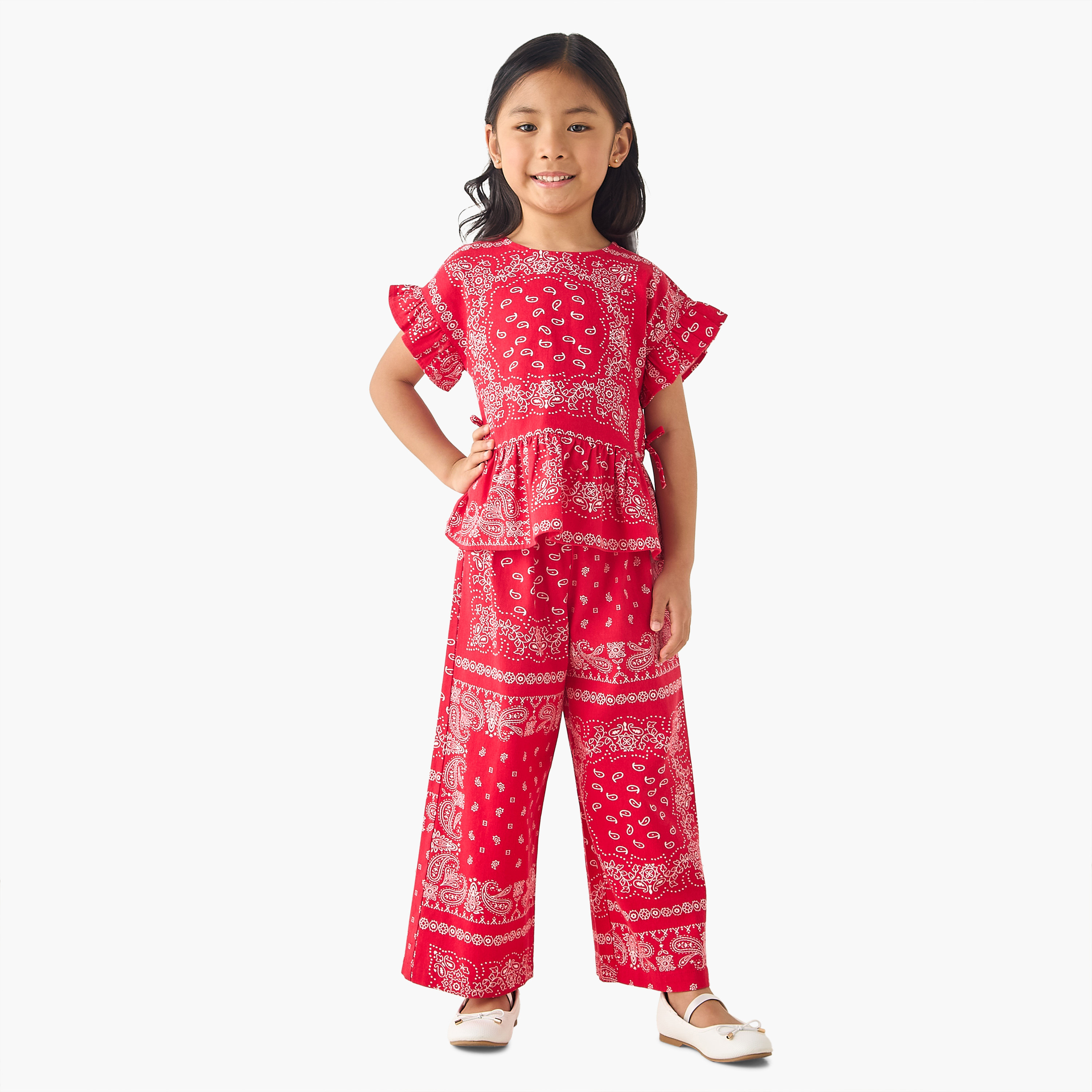Lee Cooper Crew Neck Short Sleeves Top and Wide Leg Pants Set with Paisley Print-baby-girls-clothing-setsandcoords-image-1