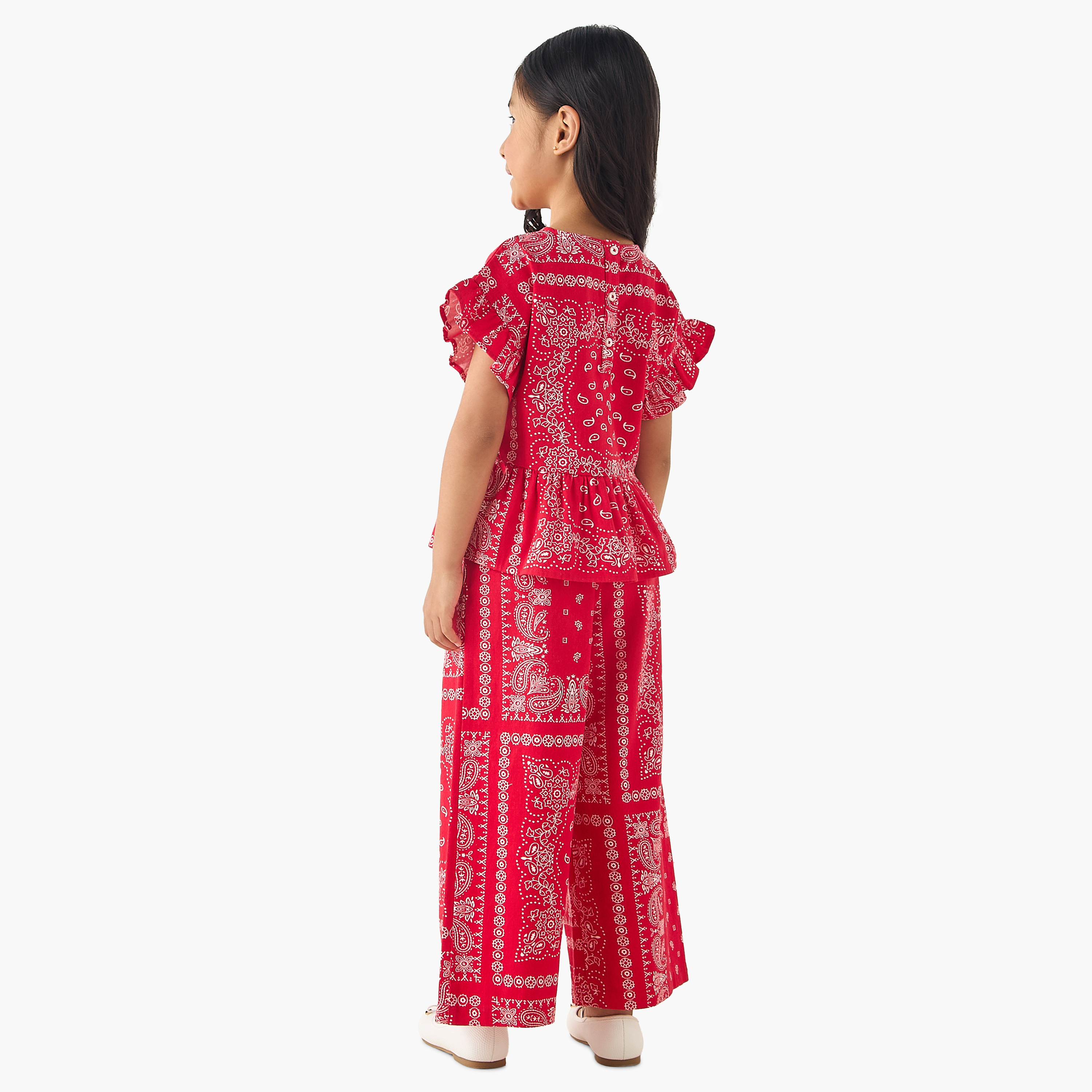 Lee Cooper Crew Neck Short Sleeves Top and Wide Leg Pants Set with Paisley Print-baby-girls-clothing-setsandcoords-image-4