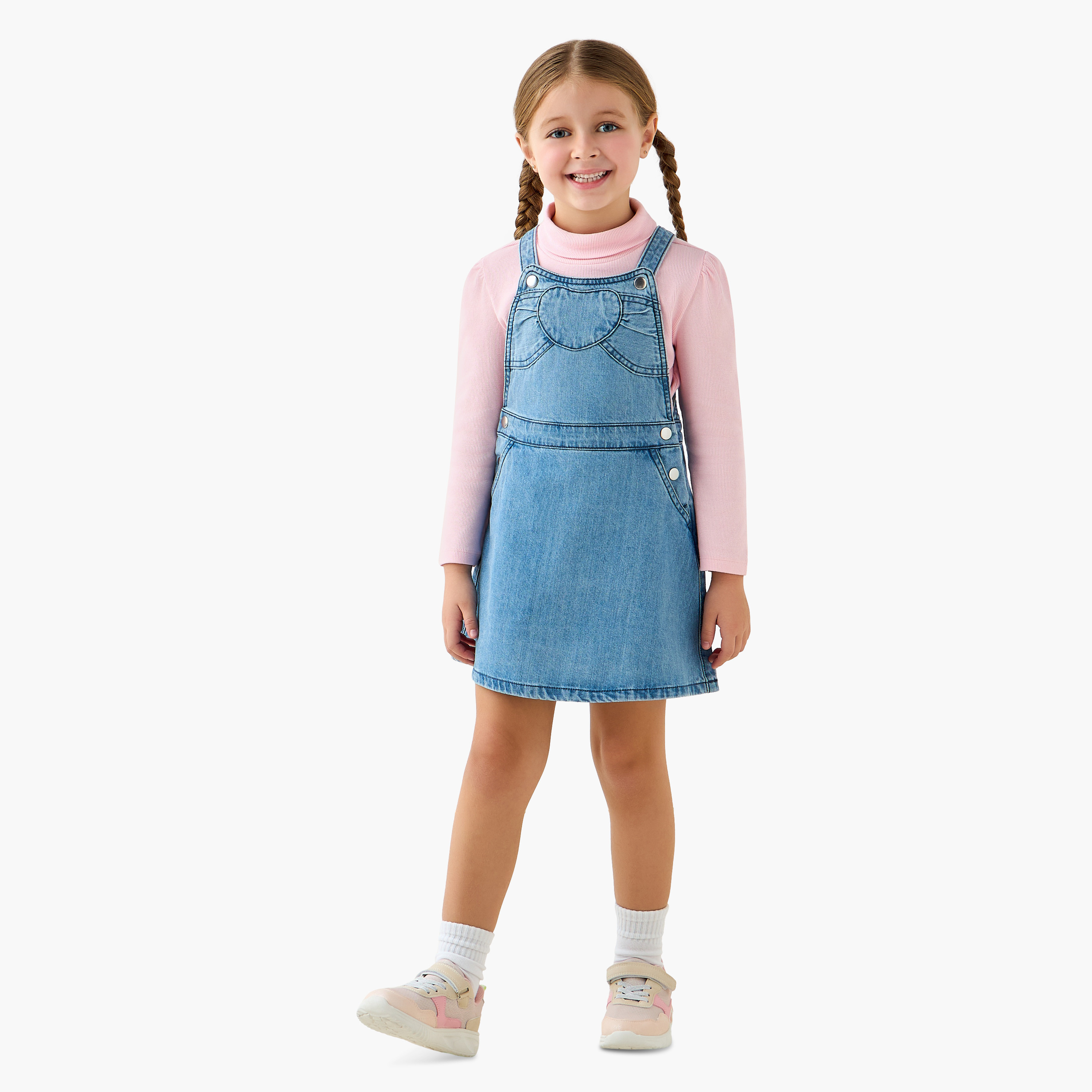 Lee Cooper Crew Neck Long Sleeves T-shirt and Denim Pinafore Set with Heart Applique-baby-girls-clothing-setsandcoords-image-2