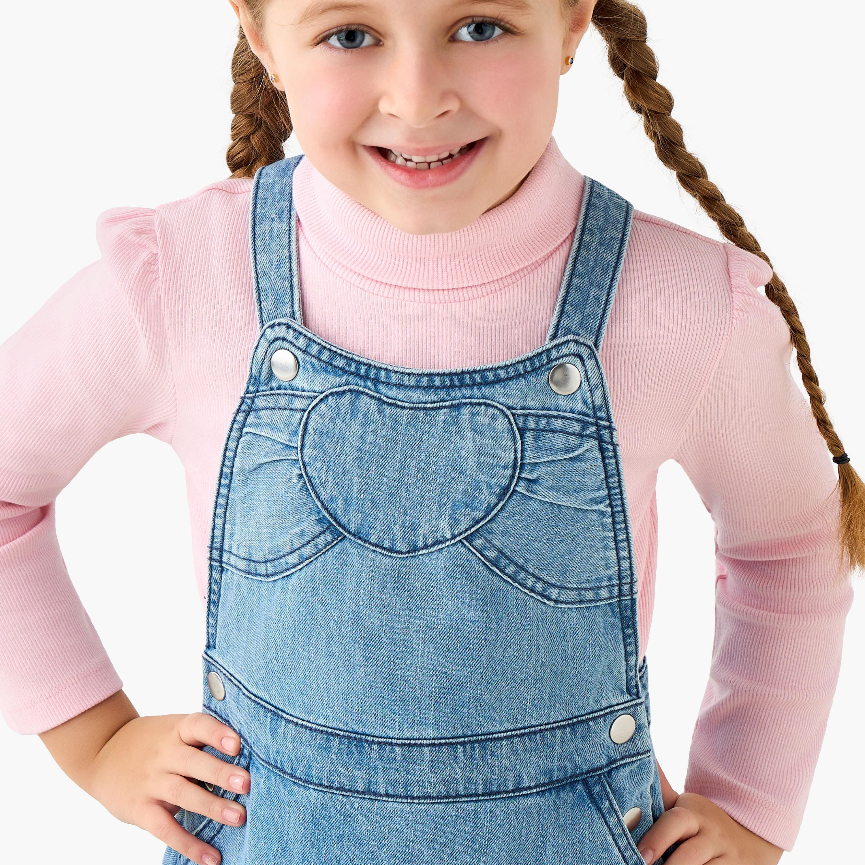 Lee Cooper Crew Neck Long Sleeves T-shirt and Denim Pinafore Set with Heart Applique-baby-girls-clothing-setsandcoords-image-5