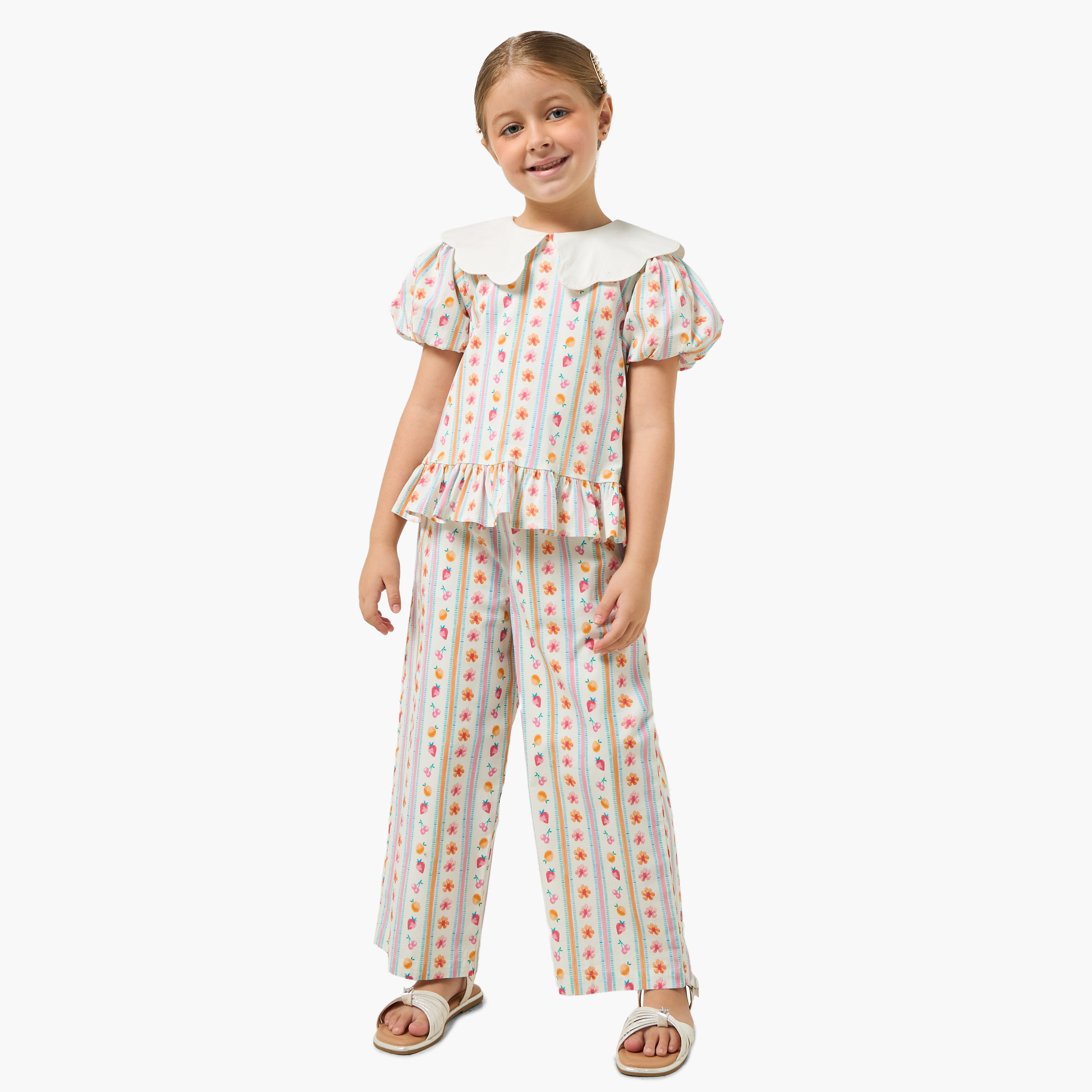 Lee Cooper Sailor Collar Short Sleeves Top and Pants Set with Fruit Print-girls-clothing-setsandcoords-image-1
