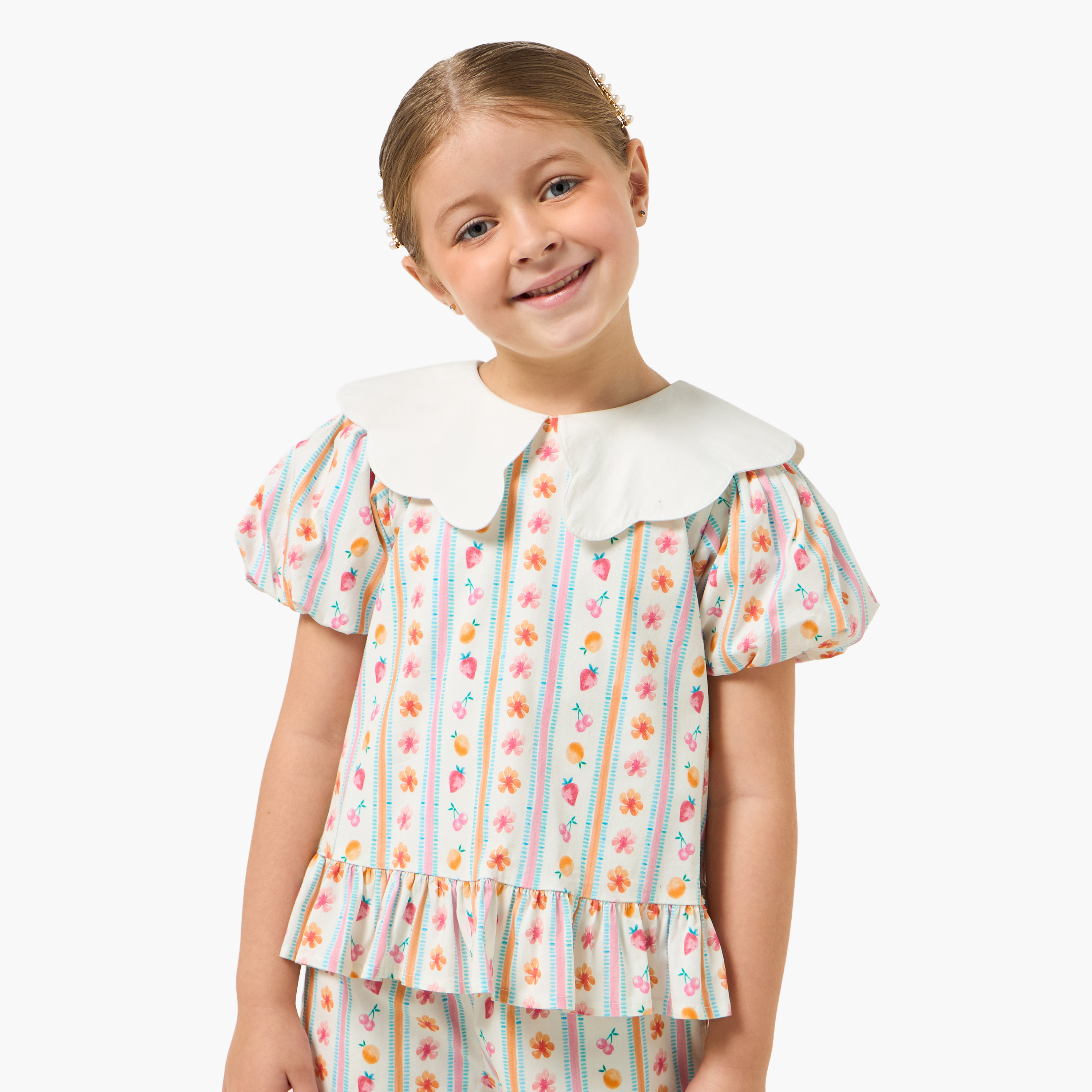 Lee Cooper Sailor Collar Short Sleeves Top and Pants Set with Fruit Print-girls-clothing-setsandcoords-image-2