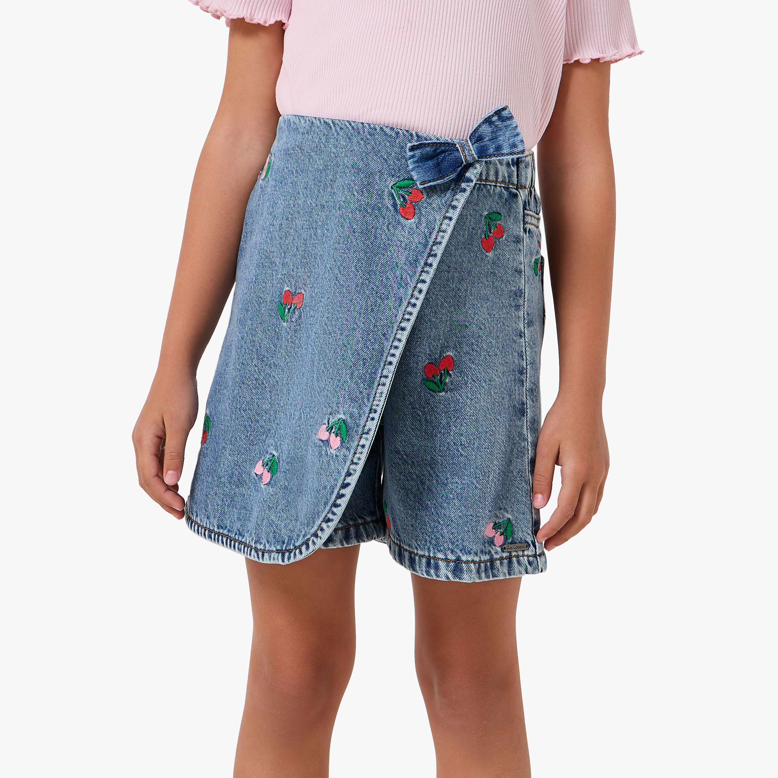 Juniors Elastic Waist Denim Skorts with Cherry Embroidery-girls-clothing-bottoms-shorts-image-1