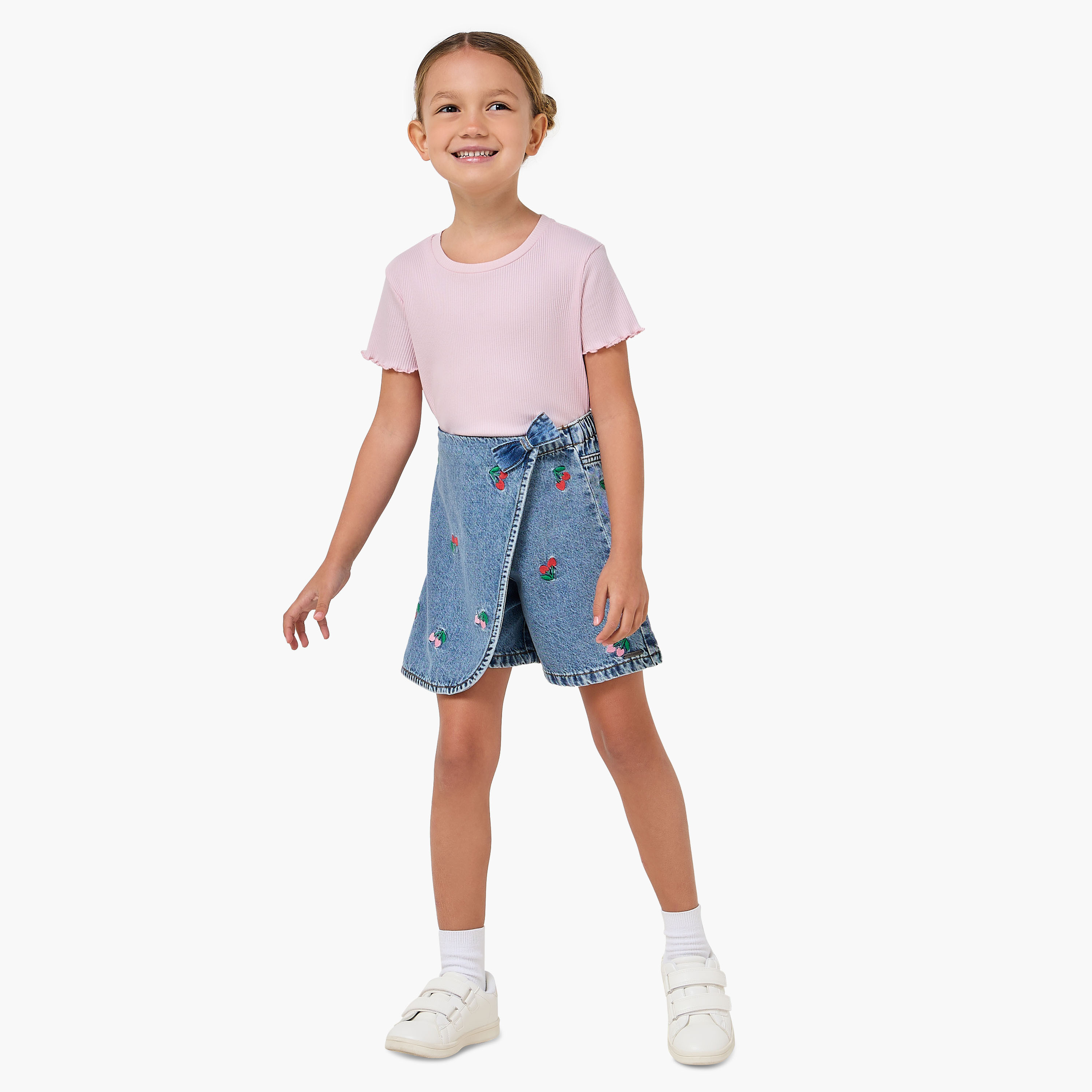Juniors Elastic Waist Denim Skorts with Cherry Embroidery-girls-clothing-bottoms-shorts-image-2