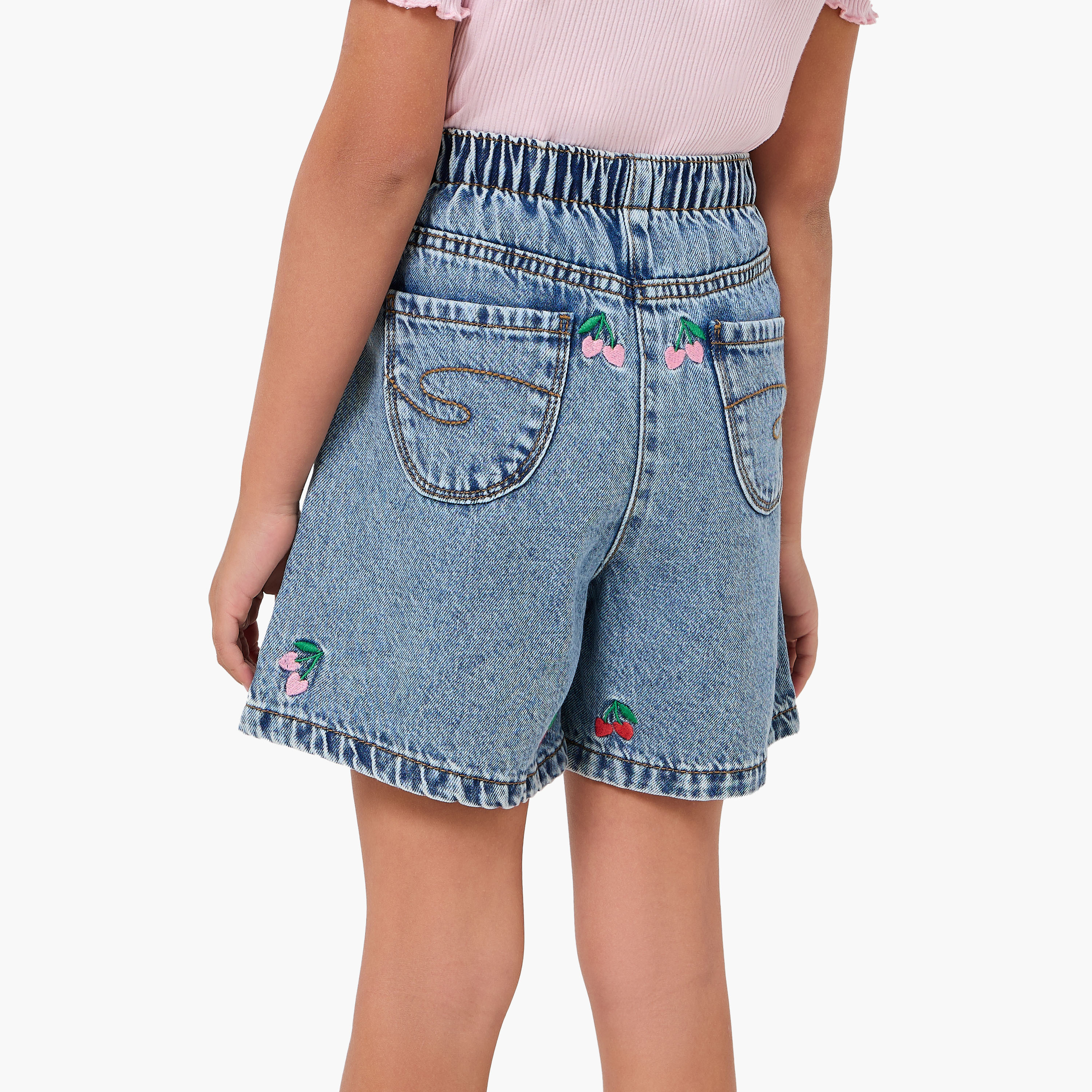 Juniors Elastic Waist Denim Skorts with Cherry Embroidery-girls-clothing-bottoms-shorts-image-3