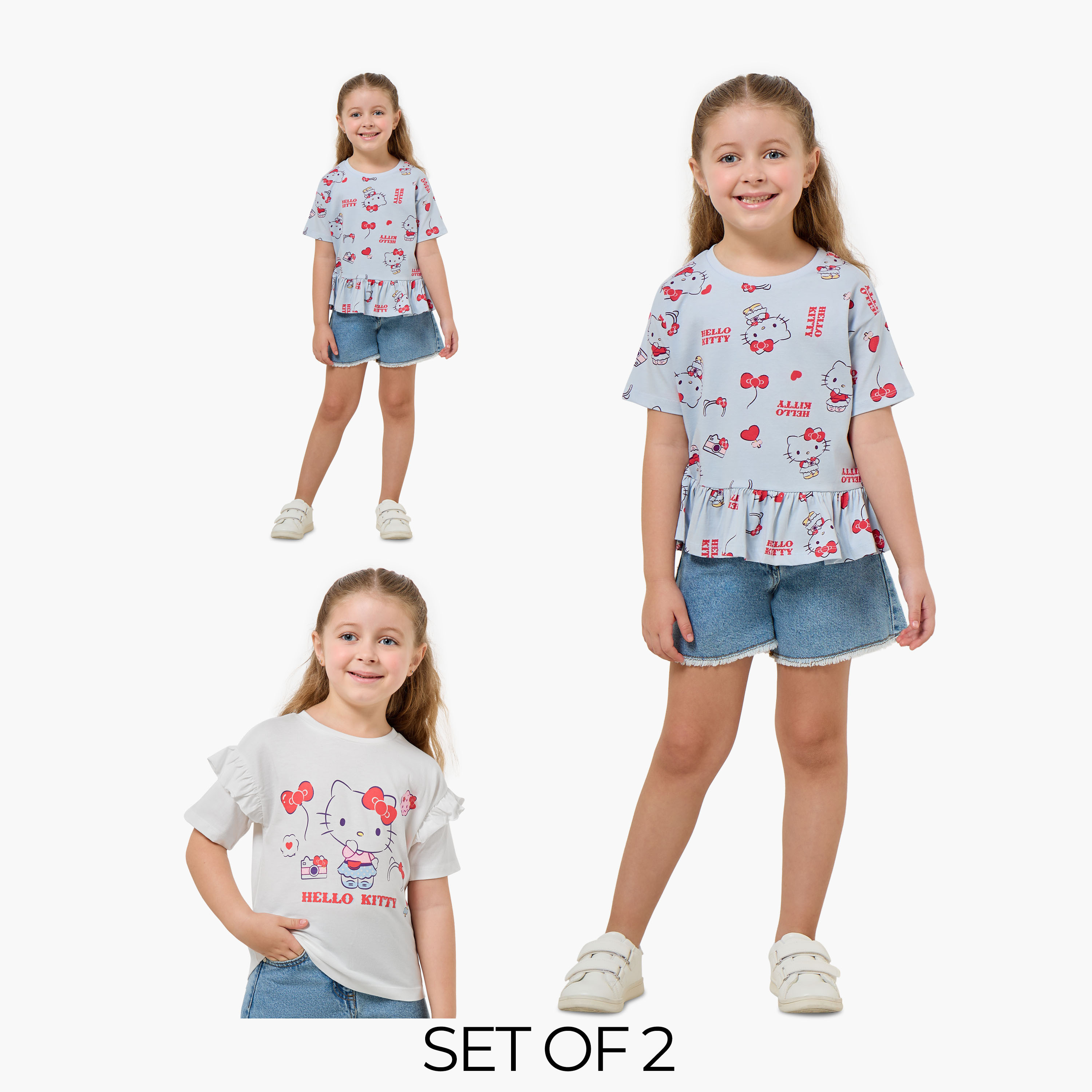 Pack of 2 Sanrio Crew Neck Short Sleeve T-shirt with Hello Kitty Print-girls-clothing-tshirts-image-1
