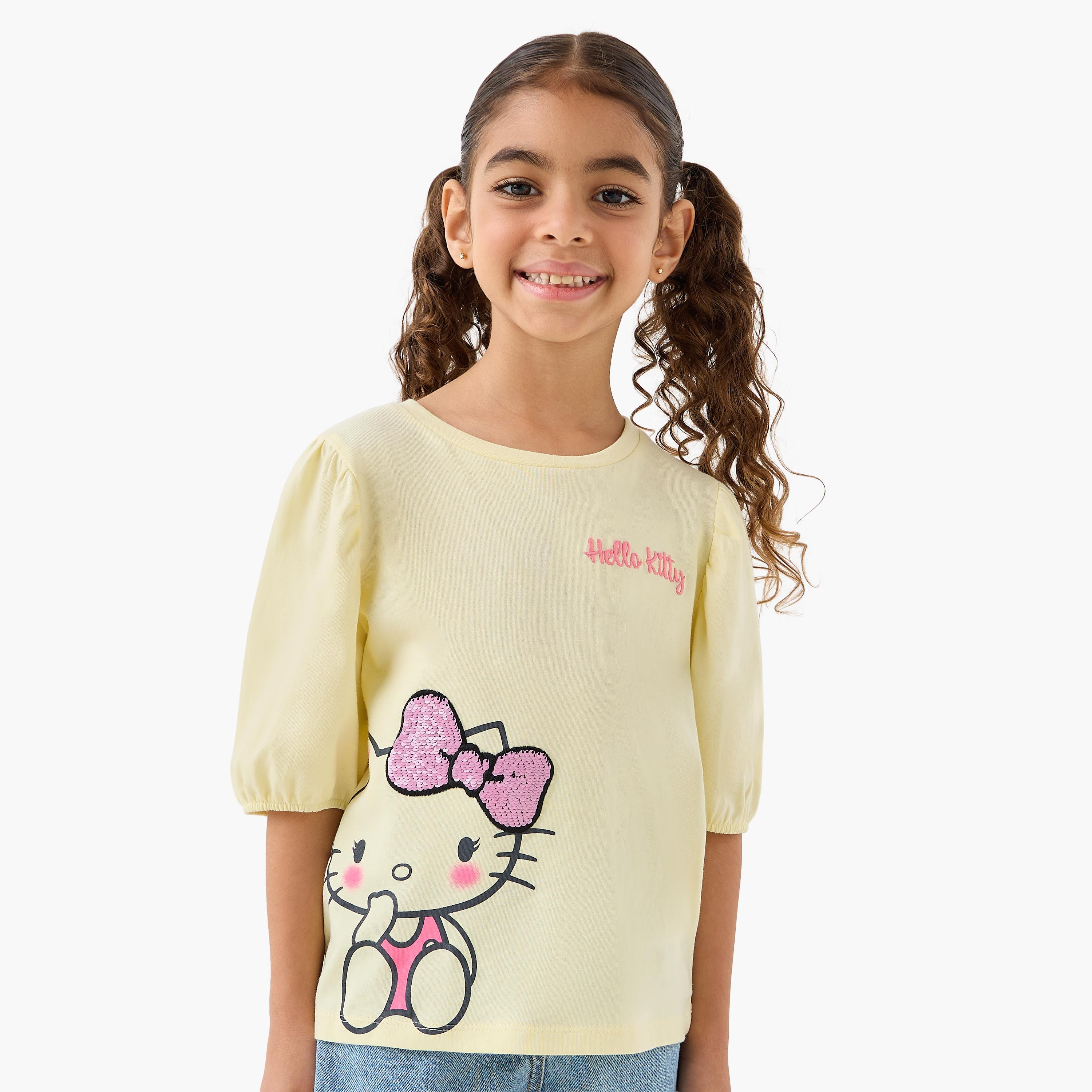 Sanrio Round Neck Short Sleeves T-shirt with Hello Kitty Sequin Detail-girls-clothing-tshirts-image-1