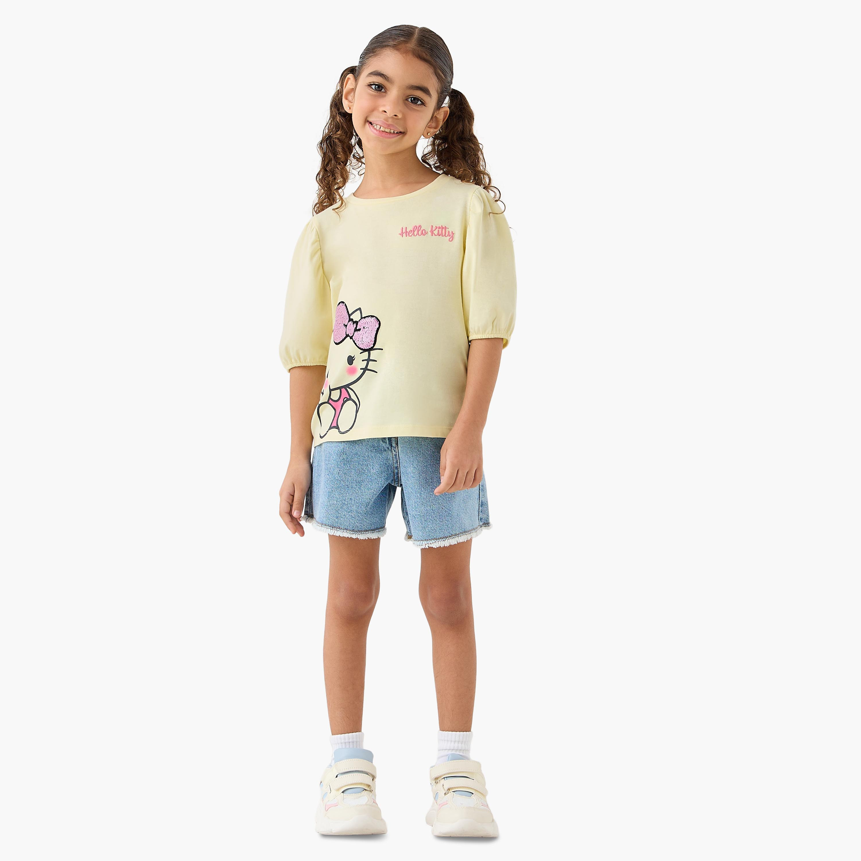Sanrio Round Neck Short Sleeves T-shirt with Hello Kitty Sequin Detail-girls-clothing-tshirts-image-2