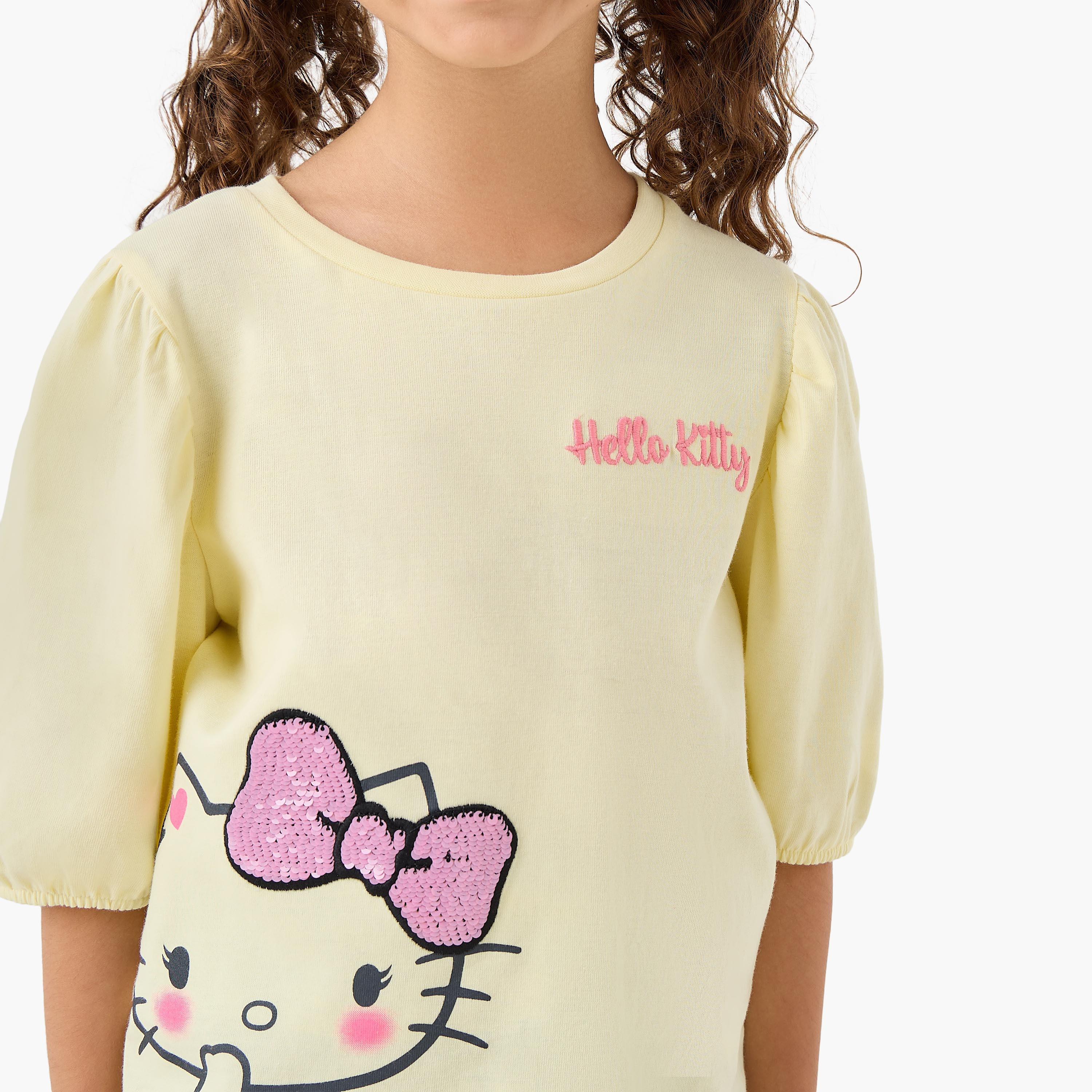 Sanrio Round Neck Short Sleeves T-shirt with Hello Kitty Sequin Detail-girls-clothing-tshirts-image-4