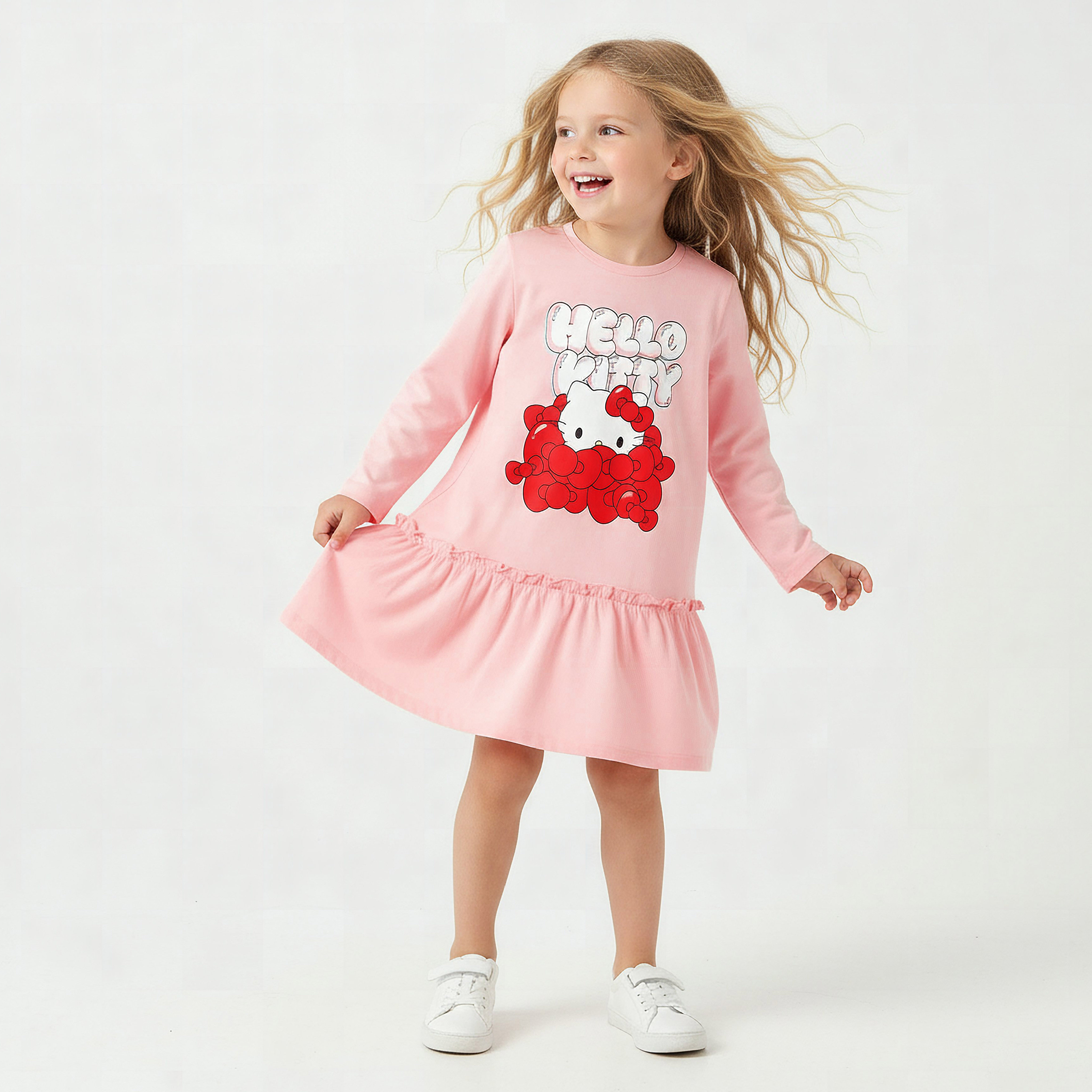 Sanrio Round Neck Long Sleeves Drop Waist Dress with Hello Kitty Print-girls-clothing-dressesandjumpsuits-image-1