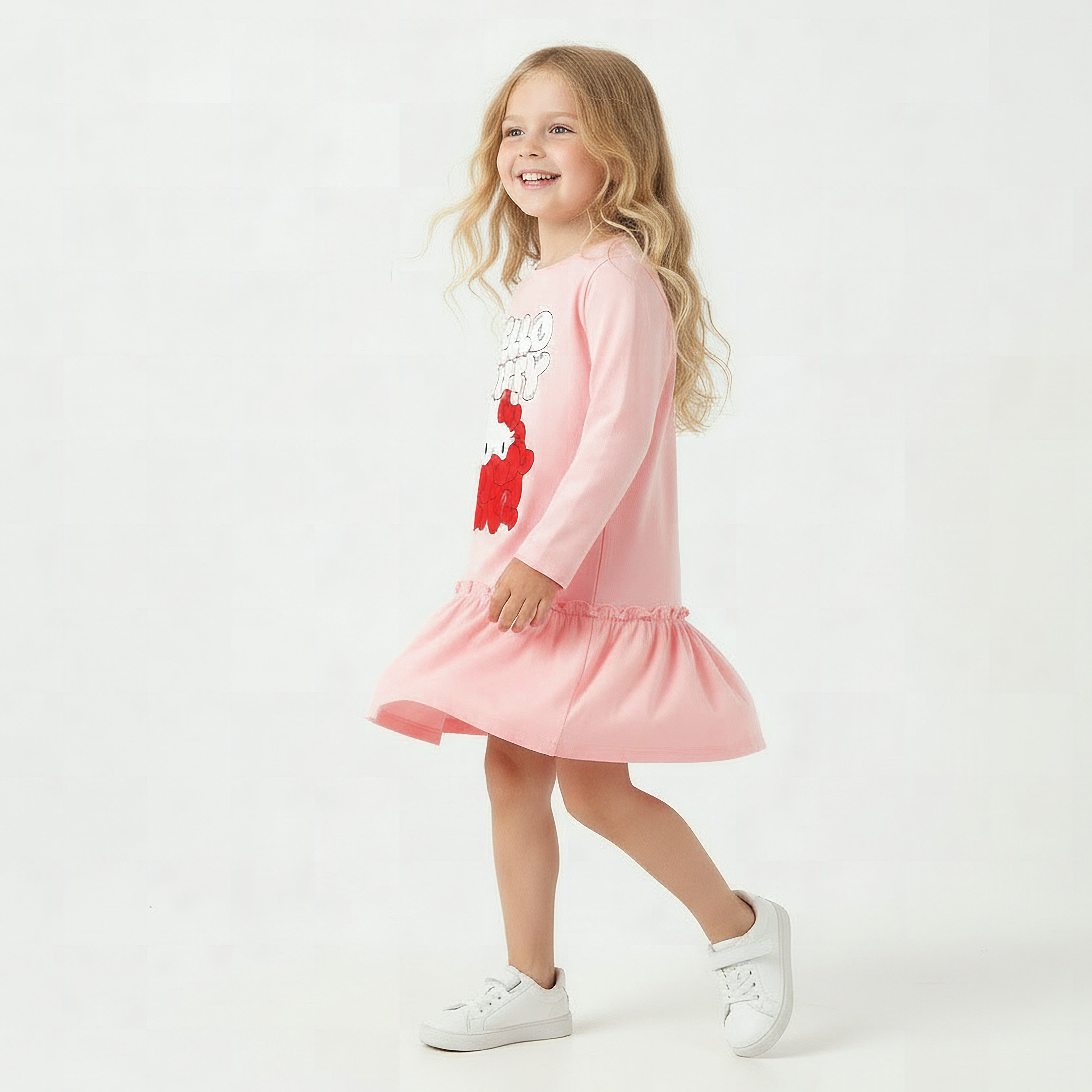 Sanrio Round Neck Long Sleeves Drop Waist Dress with Hello Kitty Print-girls-clothing-dressesandjumpsuits-image-3