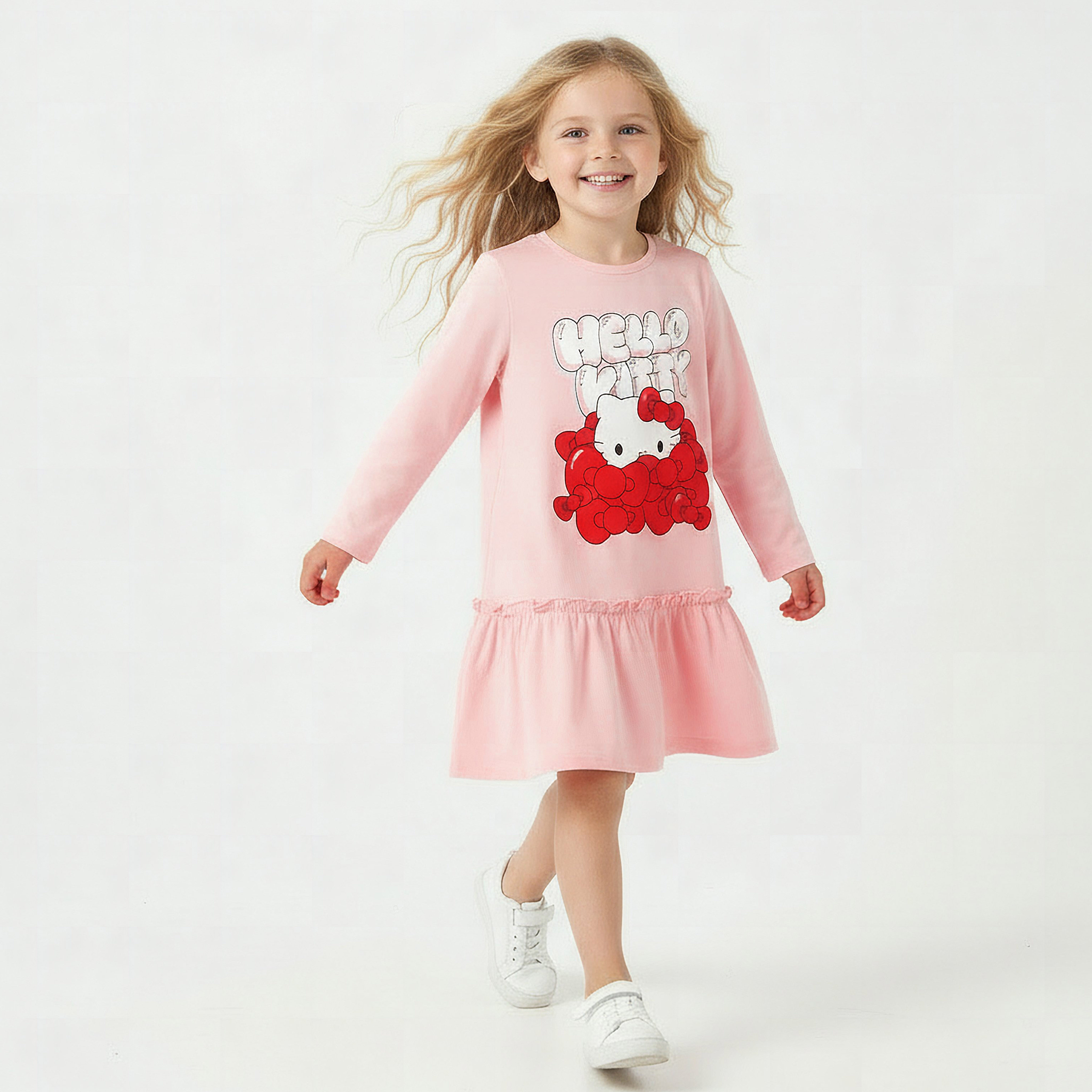 Sanrio Round Neck Long Sleeves Drop Waist Dress with Hello Kitty Print-girls-clothing-dressesandjumpsuits-image-6