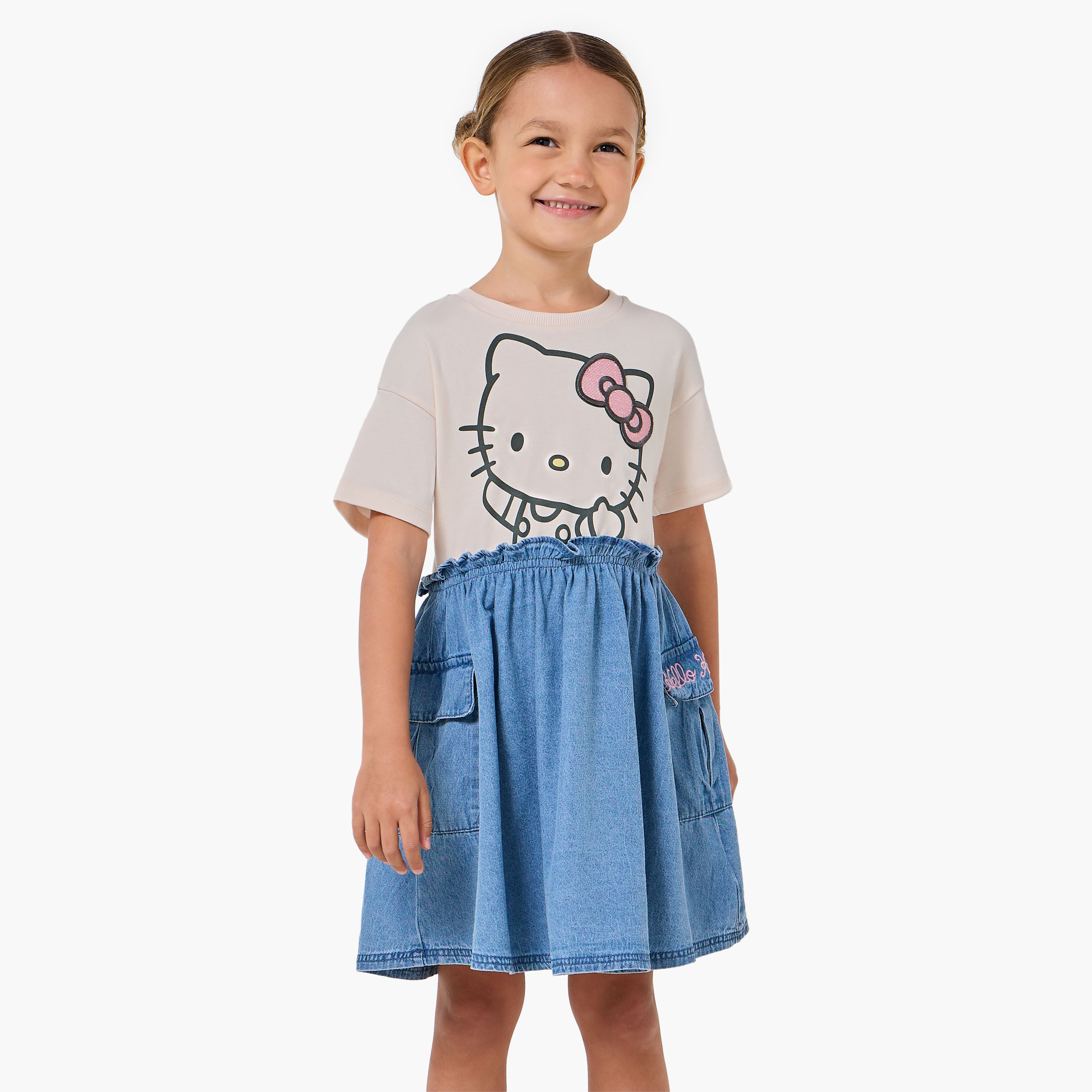 Sanrio Round Neck Short Sleeve Dress with Hello Kitty Print-girls-clothing-dressesandjumpsuits-image-1