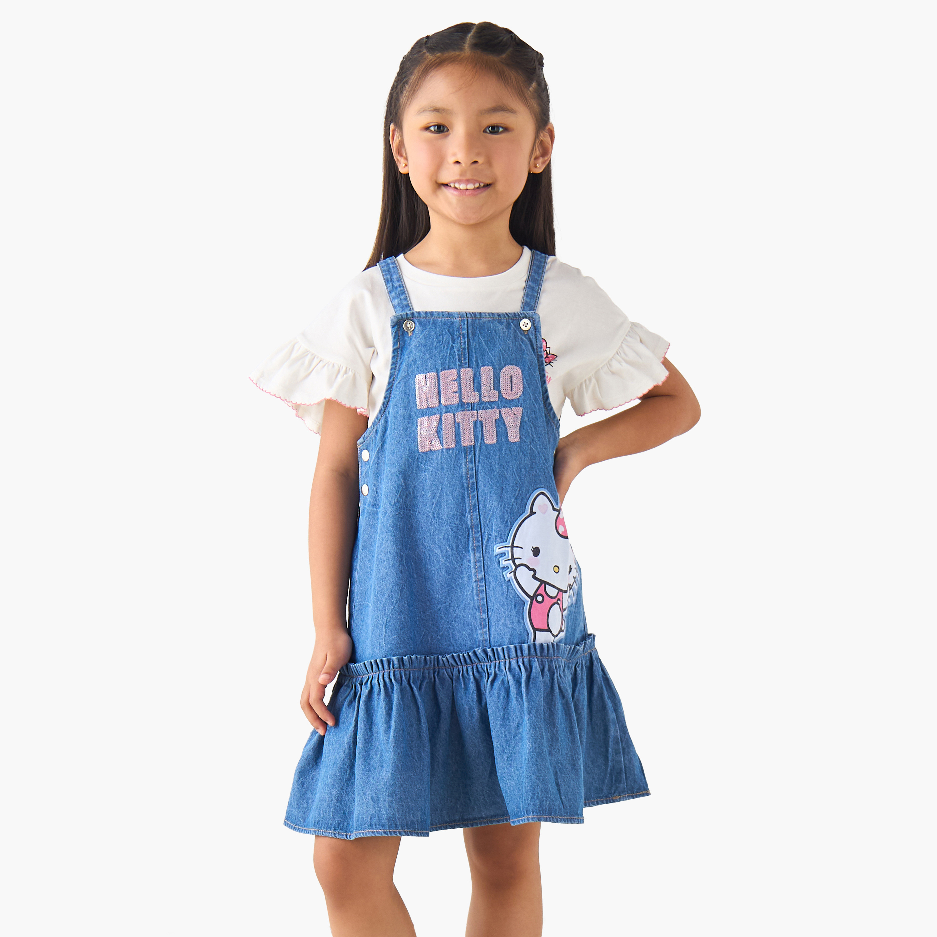 Sanrio Crew Neck Short Sleeve T-shirt and Pinafore with Button Closure-girls-clothing-dressesandjumpsuits-image-1