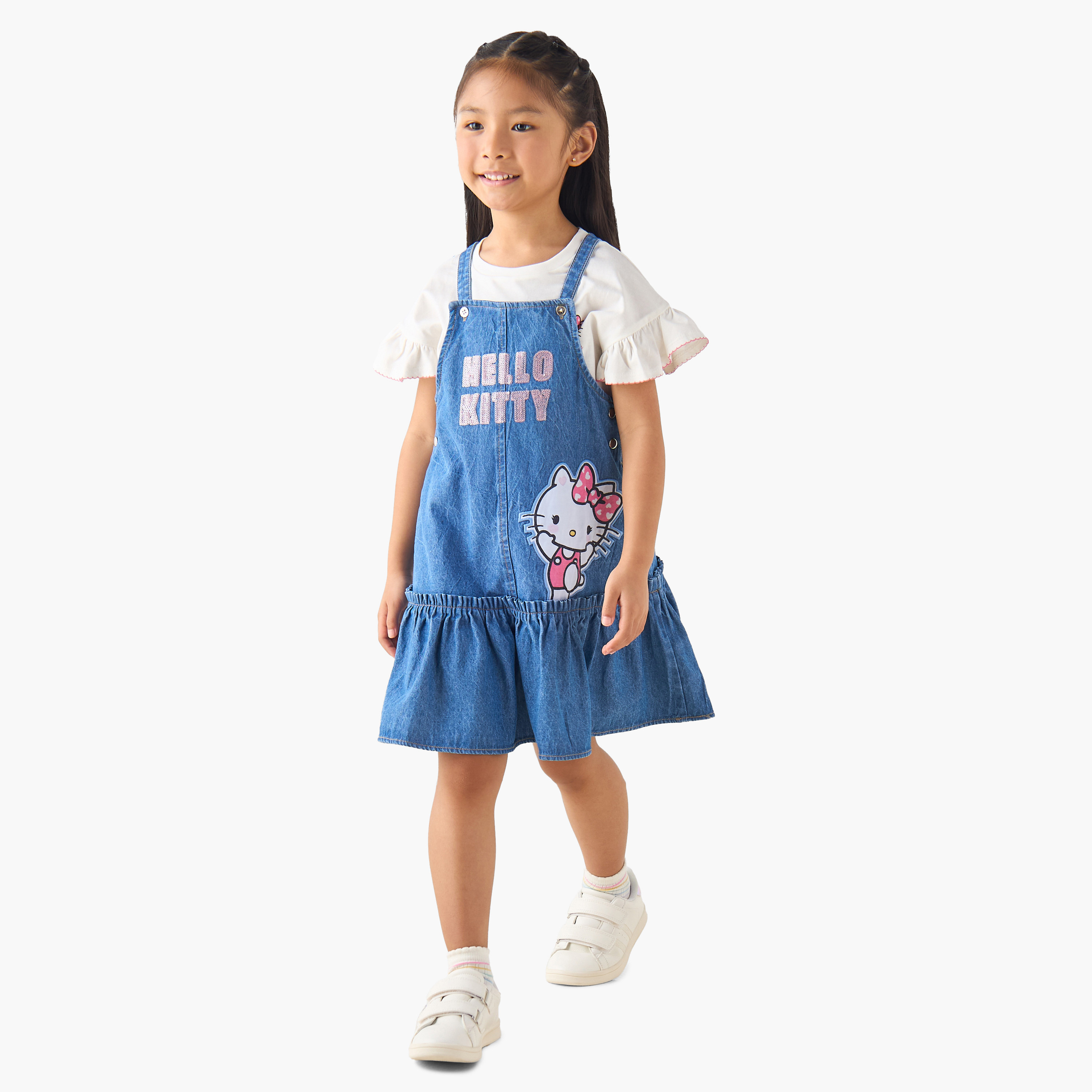 Sanrio Crew Neck Short Sleeve T-shirt and Pinafore with Button Closure-girls-clothing-dressesandjumpsuits-image-2