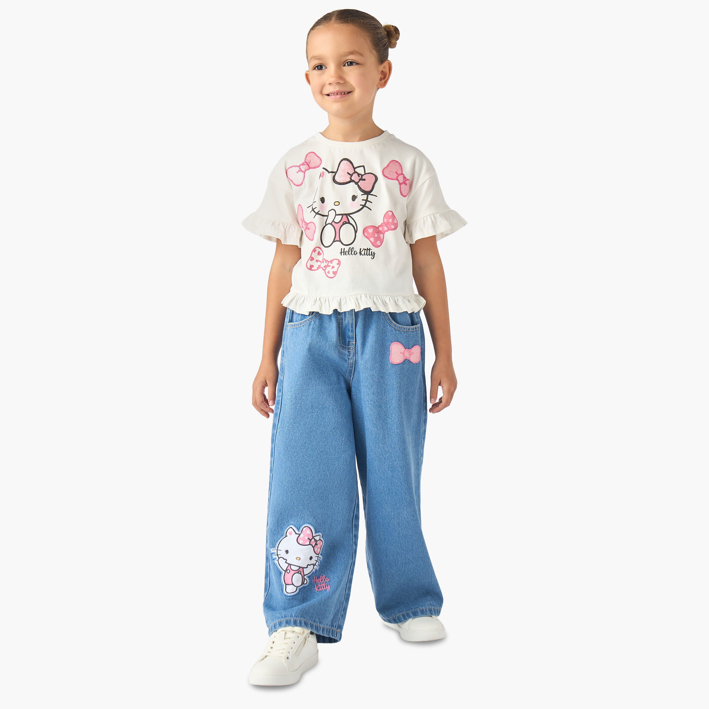 Sanrio Crew Neck Short Sleeves Top and Wide Leg Jeans Set with Hello Kitty Print-girls-clothing-setsandcoords-image-1