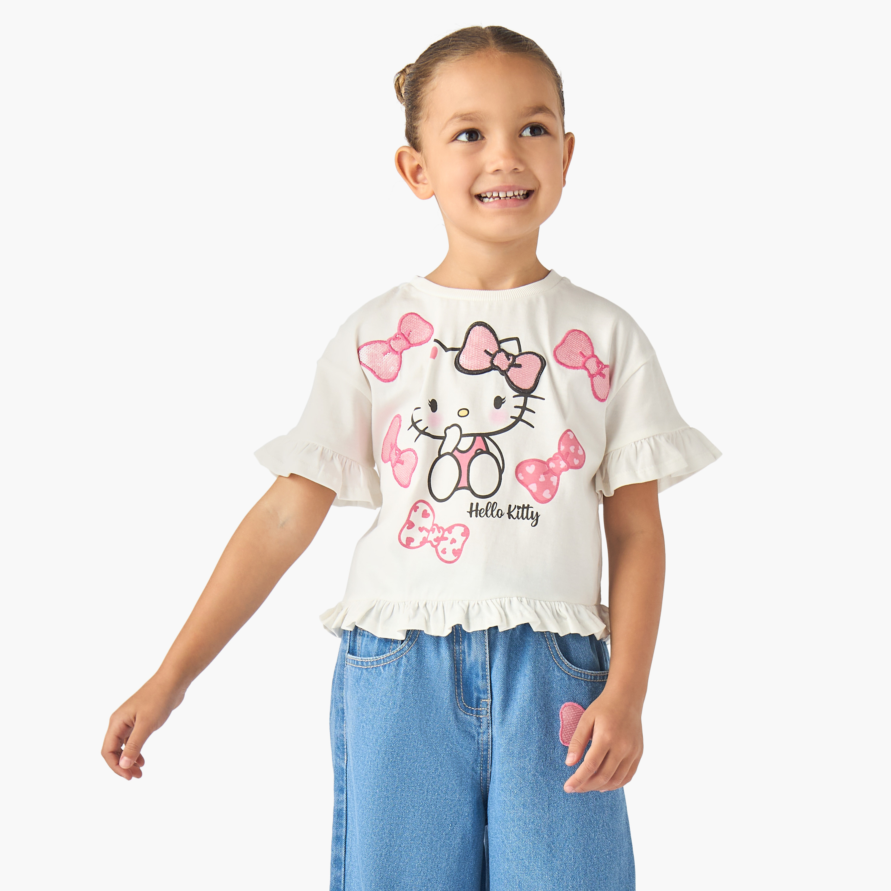 Sanrio Crew Neck Short Sleeves Top and Wide Leg Jeans Set with Hello Kitty Print-girls-clothing-setsandcoords-image-2