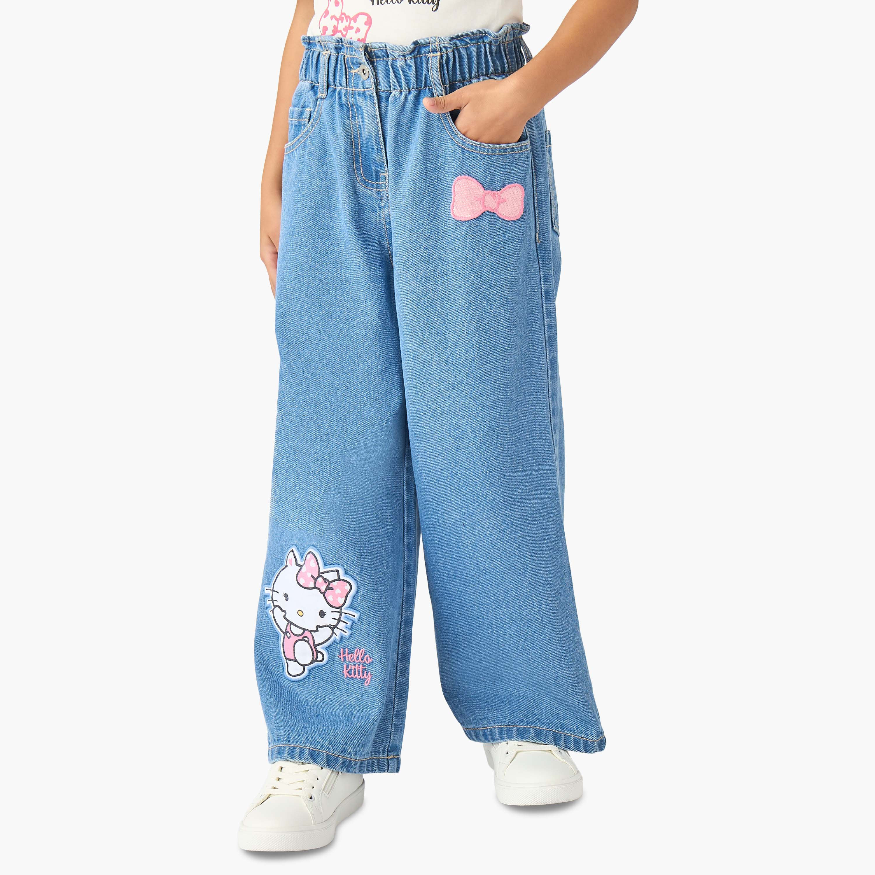 Sanrio Crew Neck Short Sleeves Top and Wide Leg Jeans Set with Hello Kitty Print-girls-clothing-setsandcoords-image-3