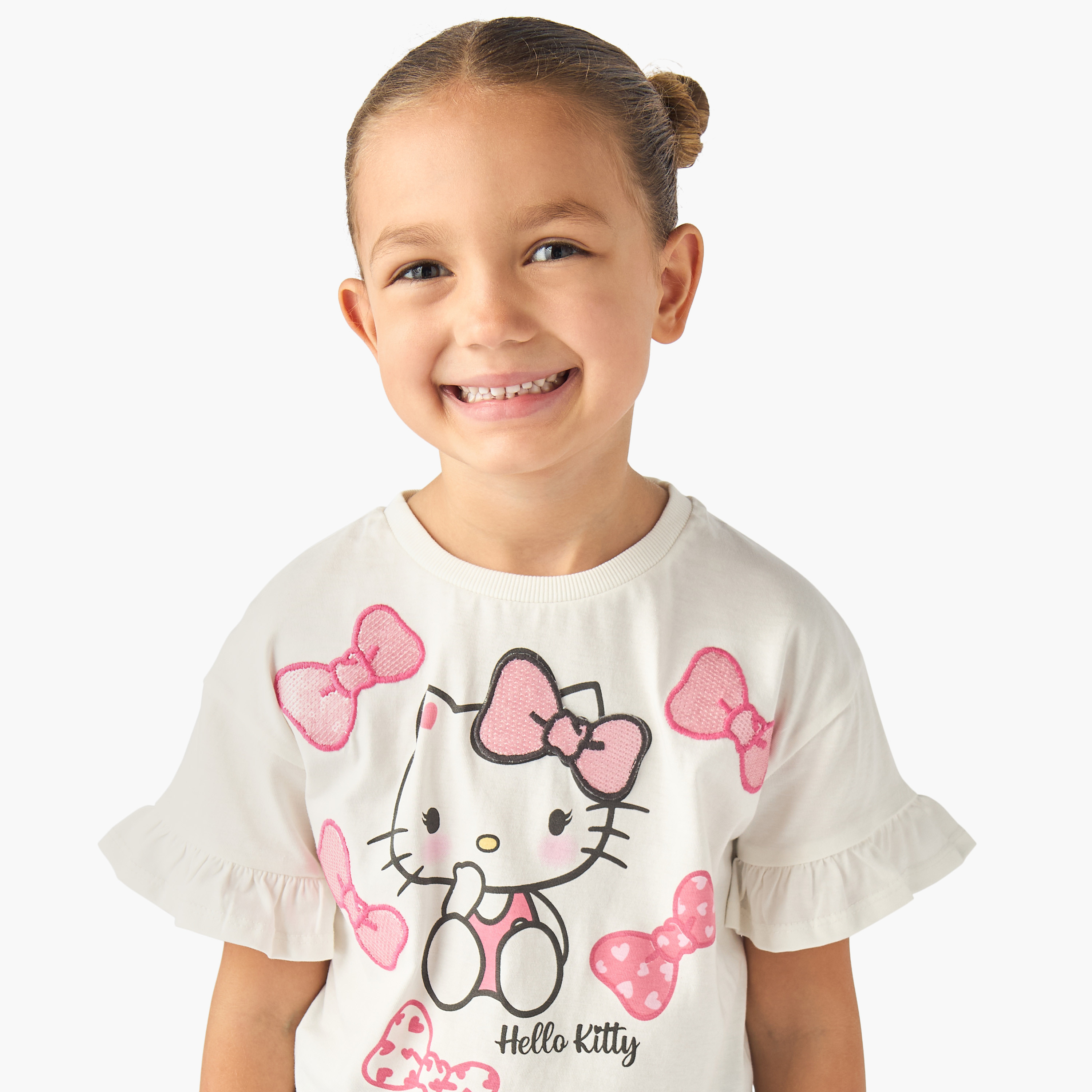 Sanrio Crew Neck Short Sleeves Top and Wide Leg Jeans Set with Hello Kitty Print-girls-clothing-setsandcoords-image-5