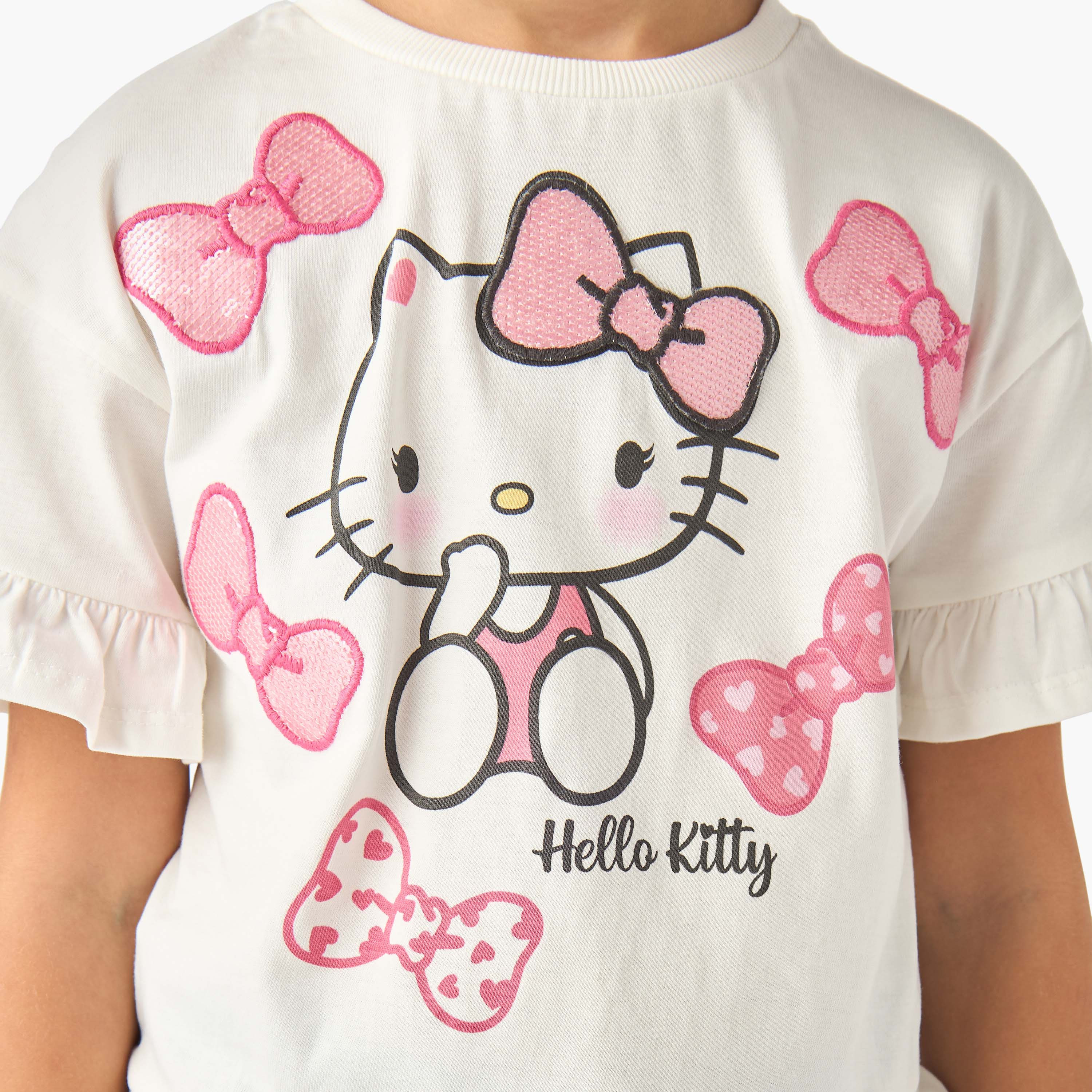Sanrio Crew Neck Short Sleeves Top and Wide Leg Jeans Set with Hello Kitty Print-girls-clothing-setsandcoords-image-7