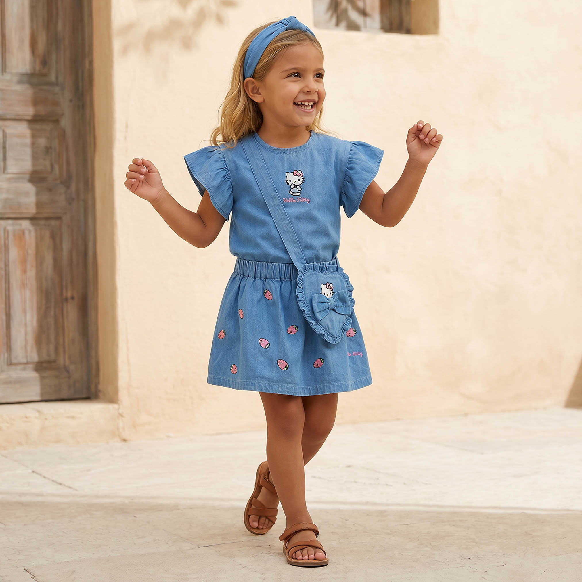 طقم تنورة وبلوزة بأكمام قصيرة ورقبة ضيقة وتطريز هالو كيتي من سانريو-girls-clothing-setsandcoords-image-8