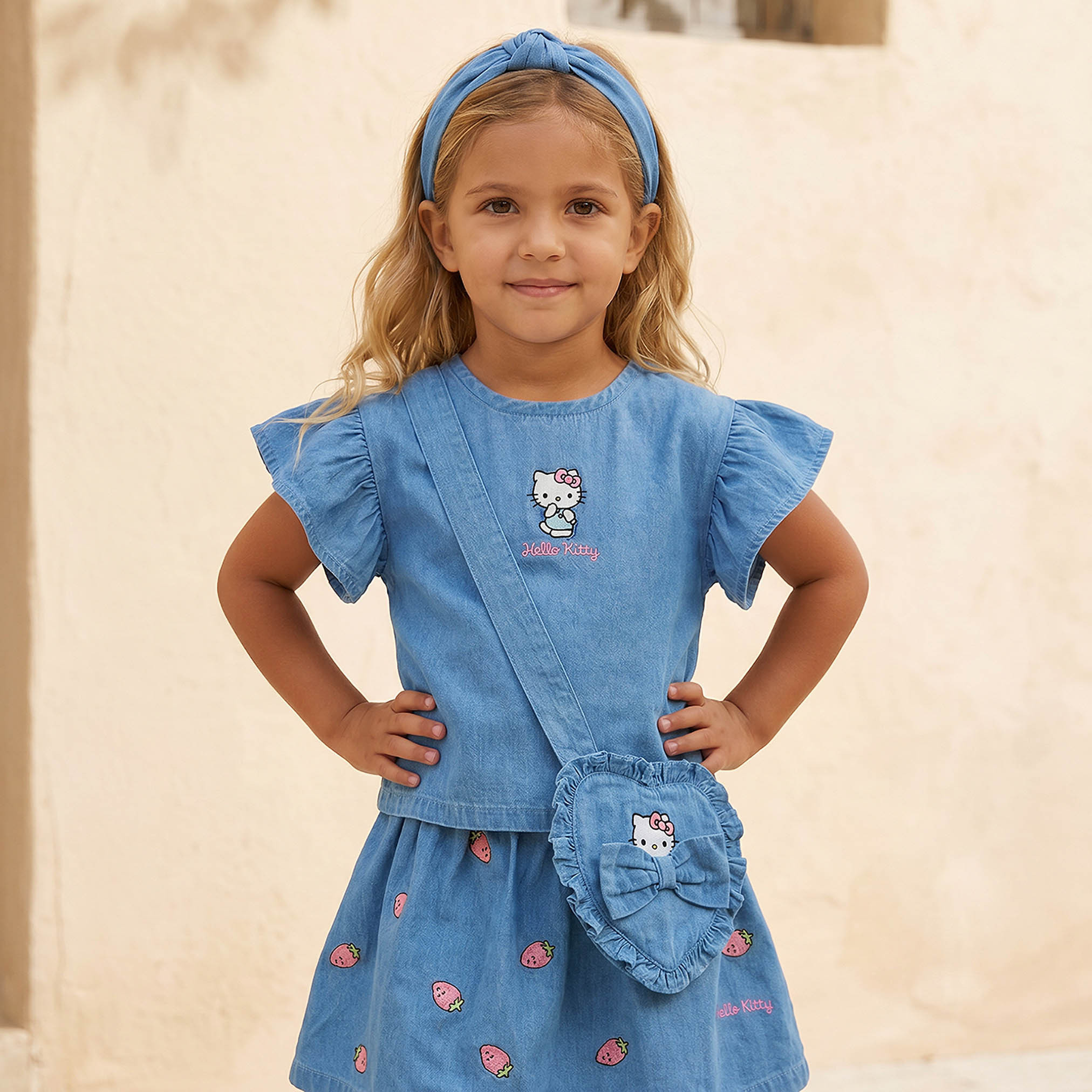 طقم تنورة وبلوزة بأكمام قصيرة ورقبة ضيقة وتطريز هالو كيتي من سانريو-girls-clothing-setsandcoords-image-7