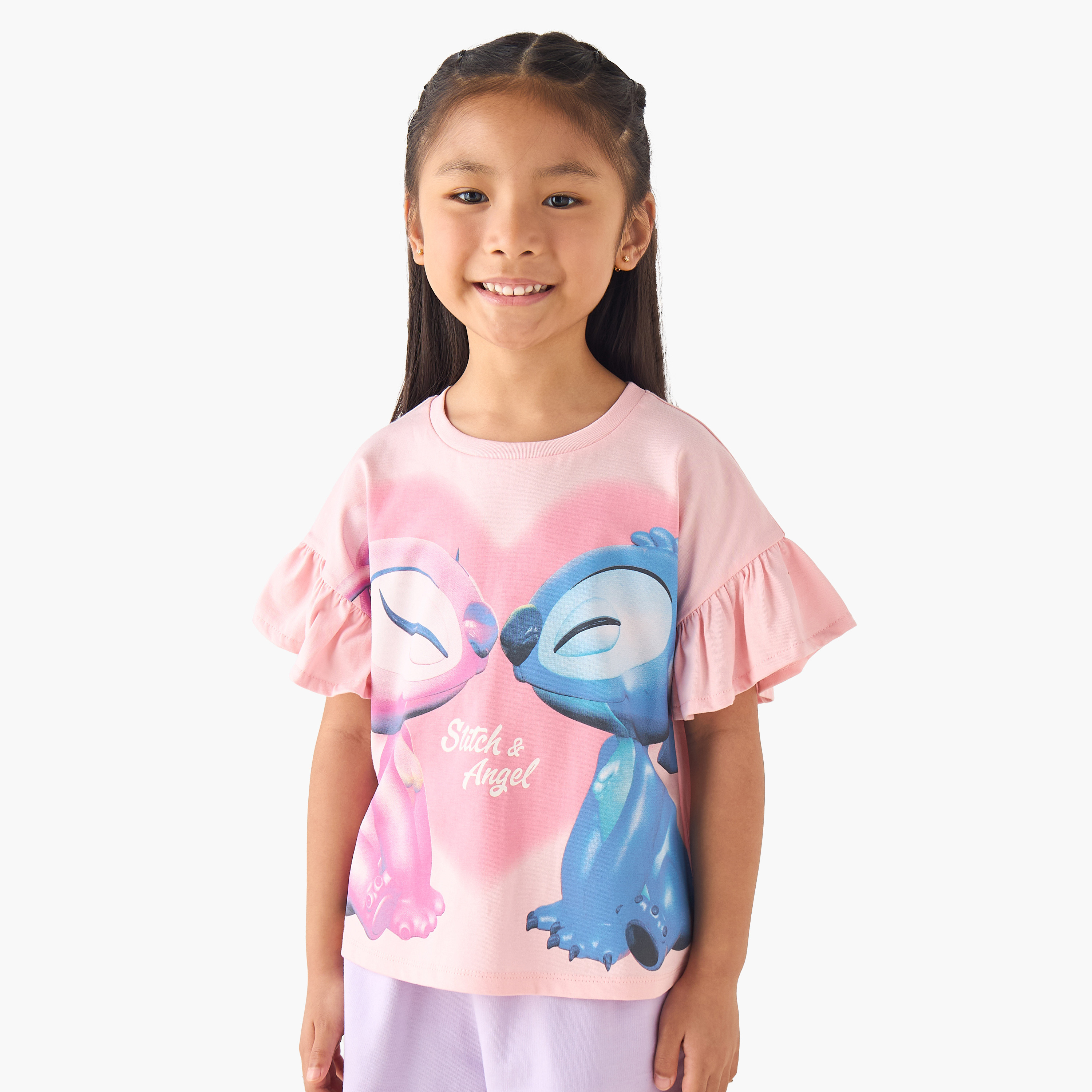 Disney Crew Neck Short Ruffle Sleeves T-shirt with Stitch and Angel Print-girls-clothing-tshirts-image-1