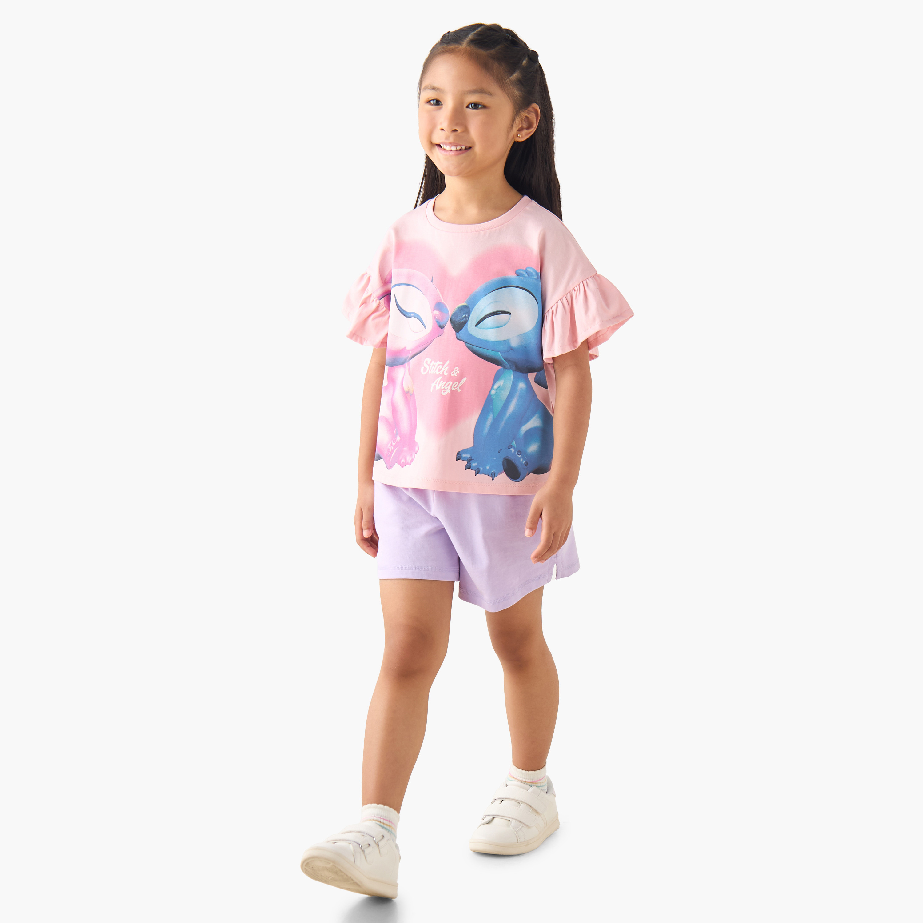 Disney Crew Neck Short Ruffle Sleeves T-shirt with Stitch and Angel Print-girls-clothing-tshirts-image-2