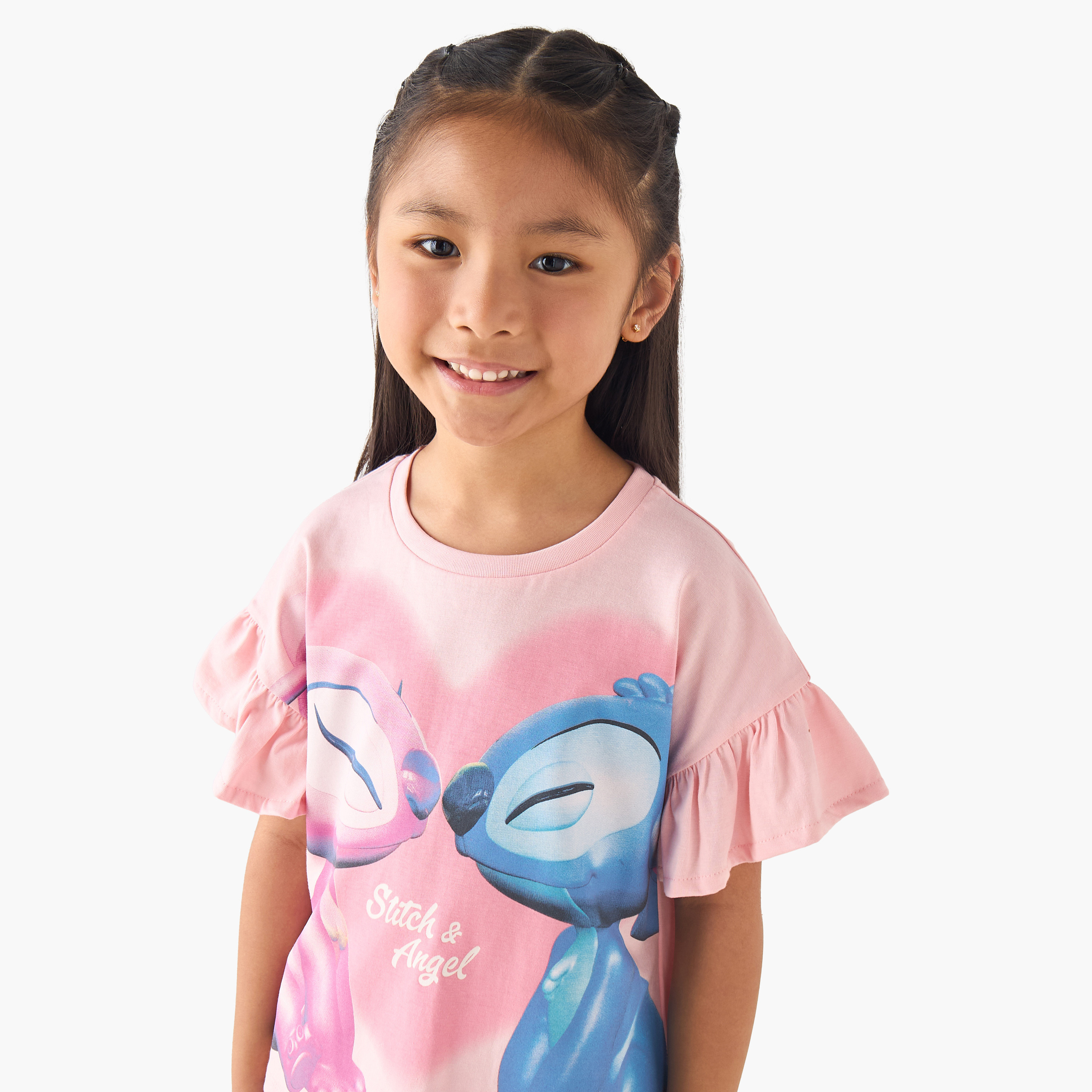 Disney Crew Neck Short Ruffle Sleeves T-shirt with Stitch and Angel Print-girls-clothing-tshirts-image-4