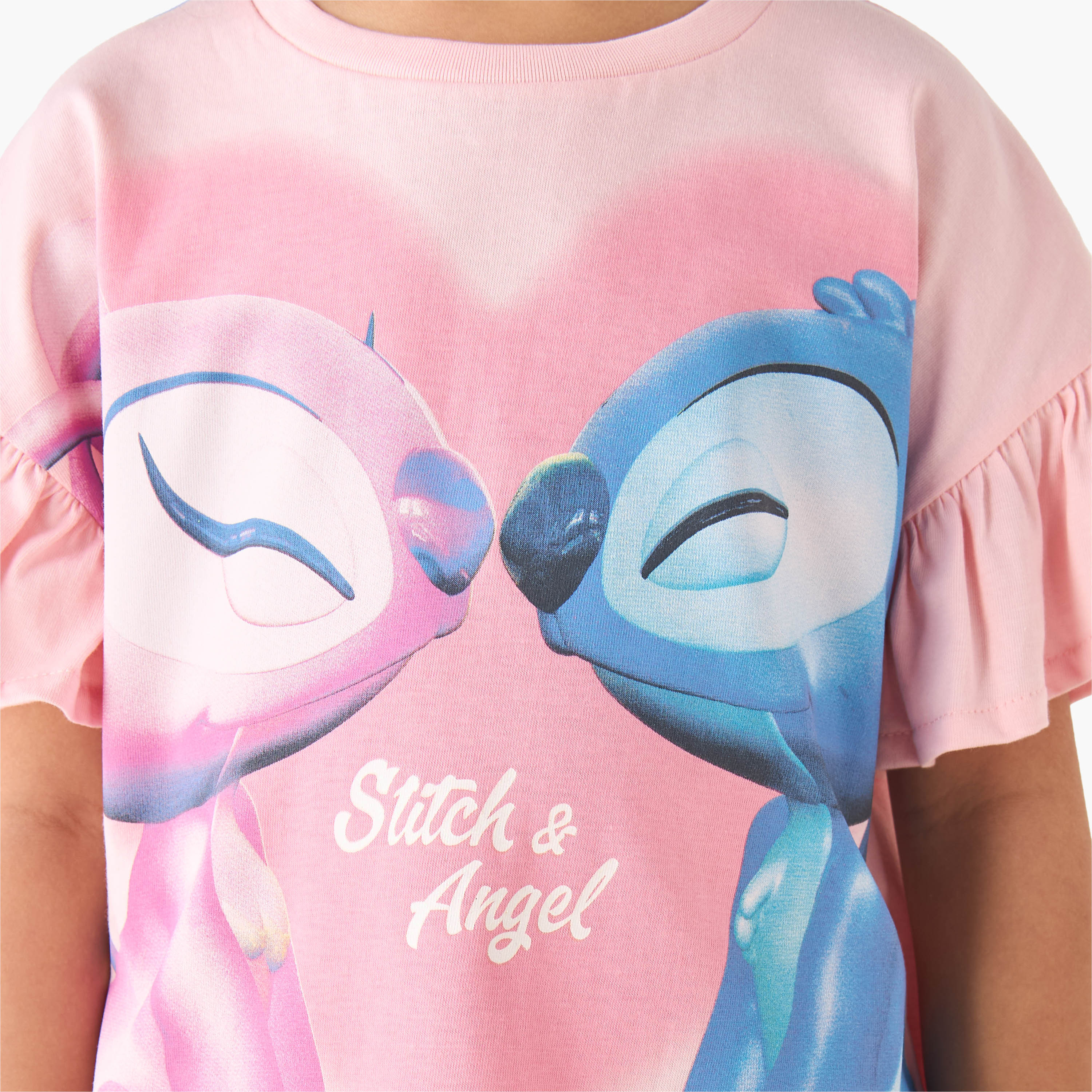 Disney Crew Neck Short Ruffle Sleeves T-shirt with Stitch and Angel Print-girls-clothing-tshirts-image-5
