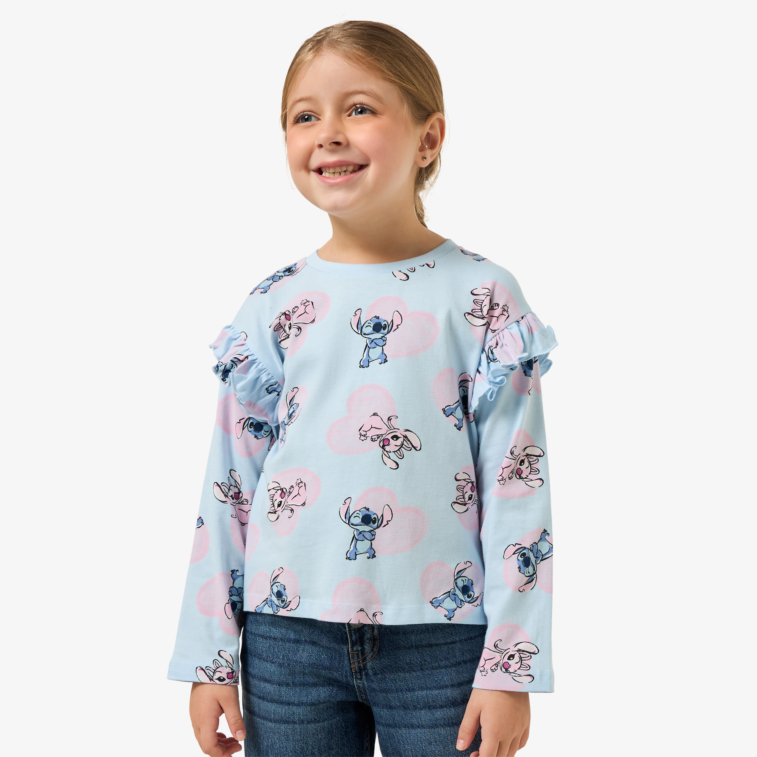 Disney Crew Neck Long Sleeves T-shirt with Angel and Stitch Print-girls-clothing-tshirts-image-1