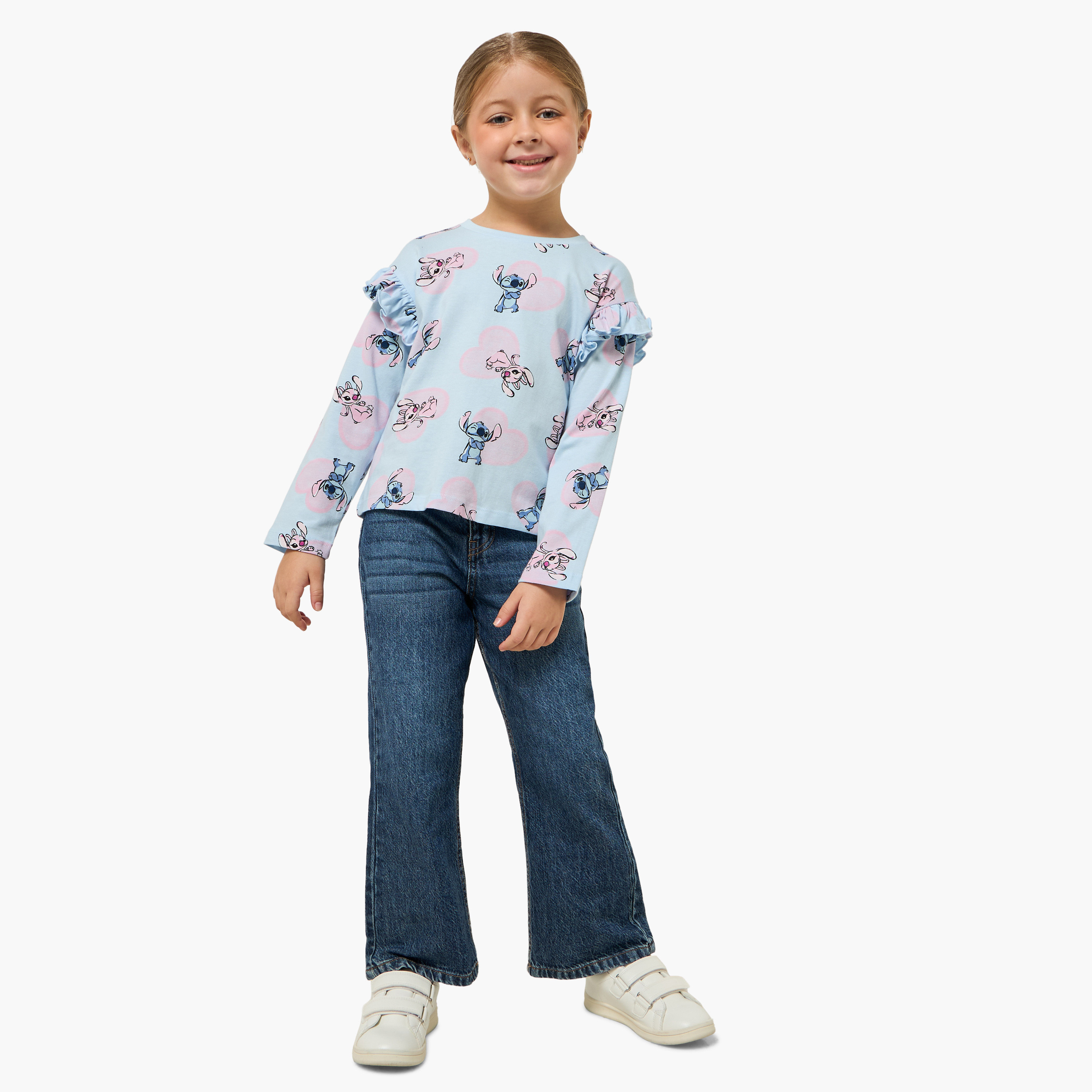 Disney Crew Neck Long Sleeves T-shirt with Angel and Stitch Print-girls-clothing-tshirts-image-2