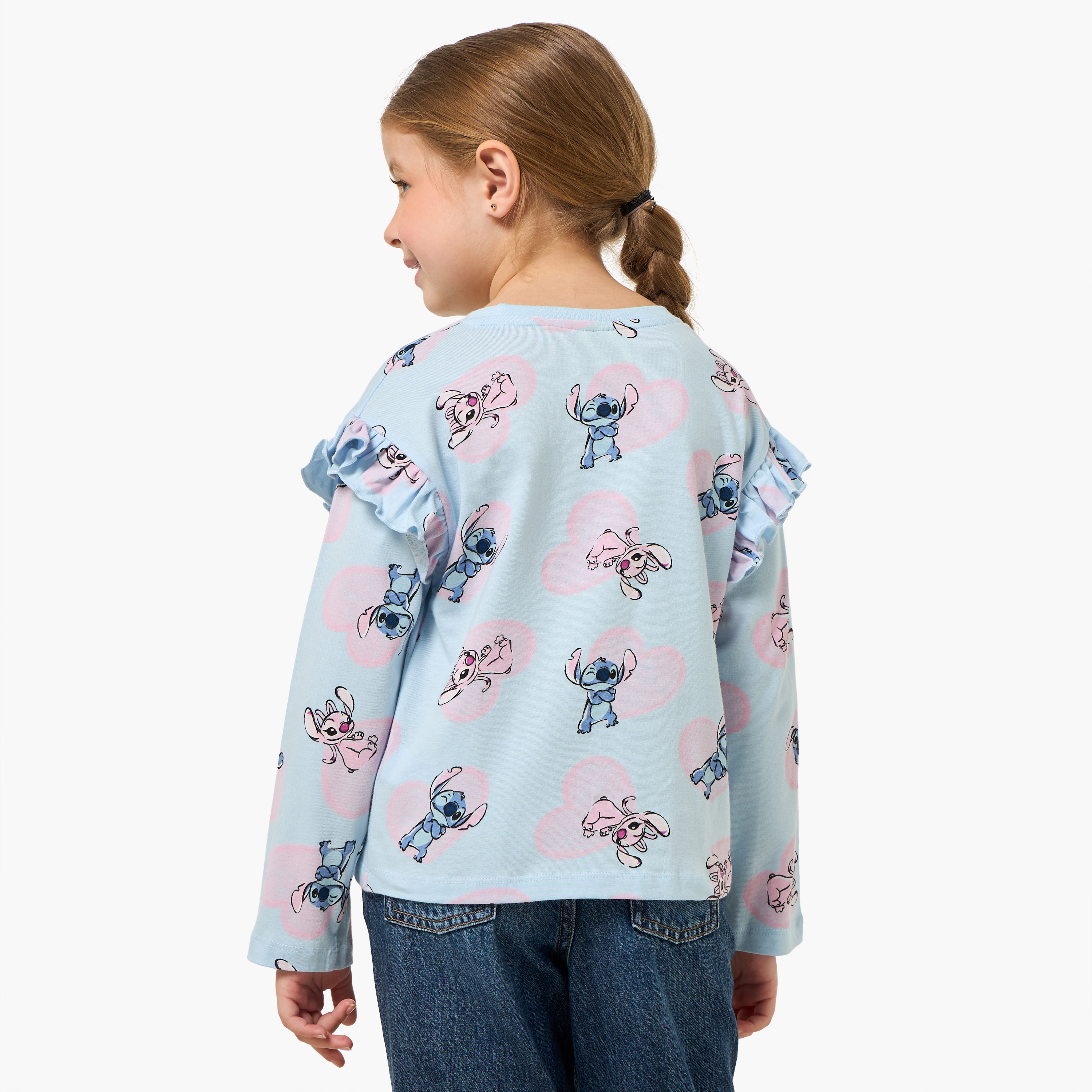 Disney Crew Neck Long Sleeves T-shirt with Angel and Stitch Print-girls-clothing-tshirts-image-3