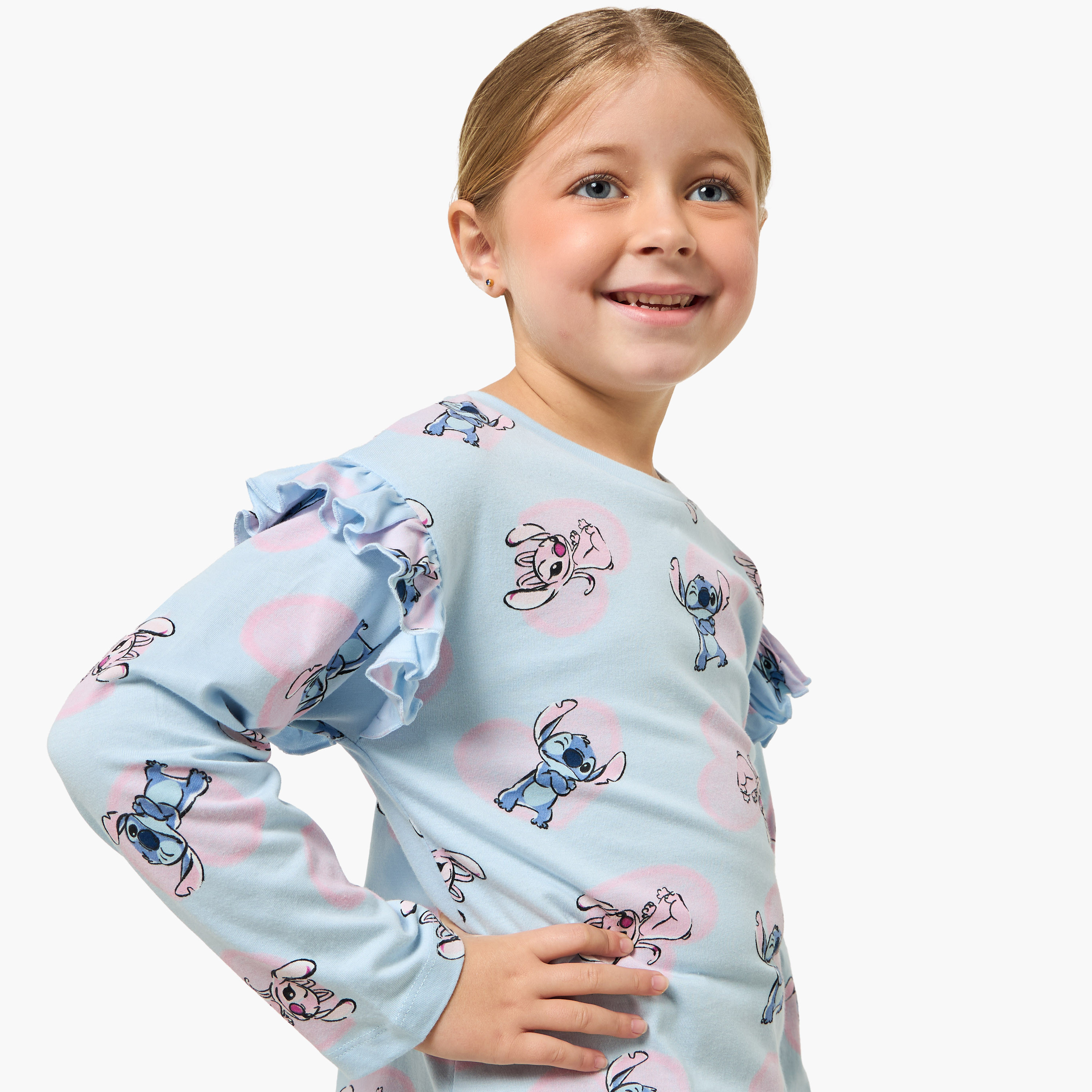 Disney Crew Neck Long Sleeves T-shirt with Angel and Stitch Print-girls-clothing-tshirts-image-4
