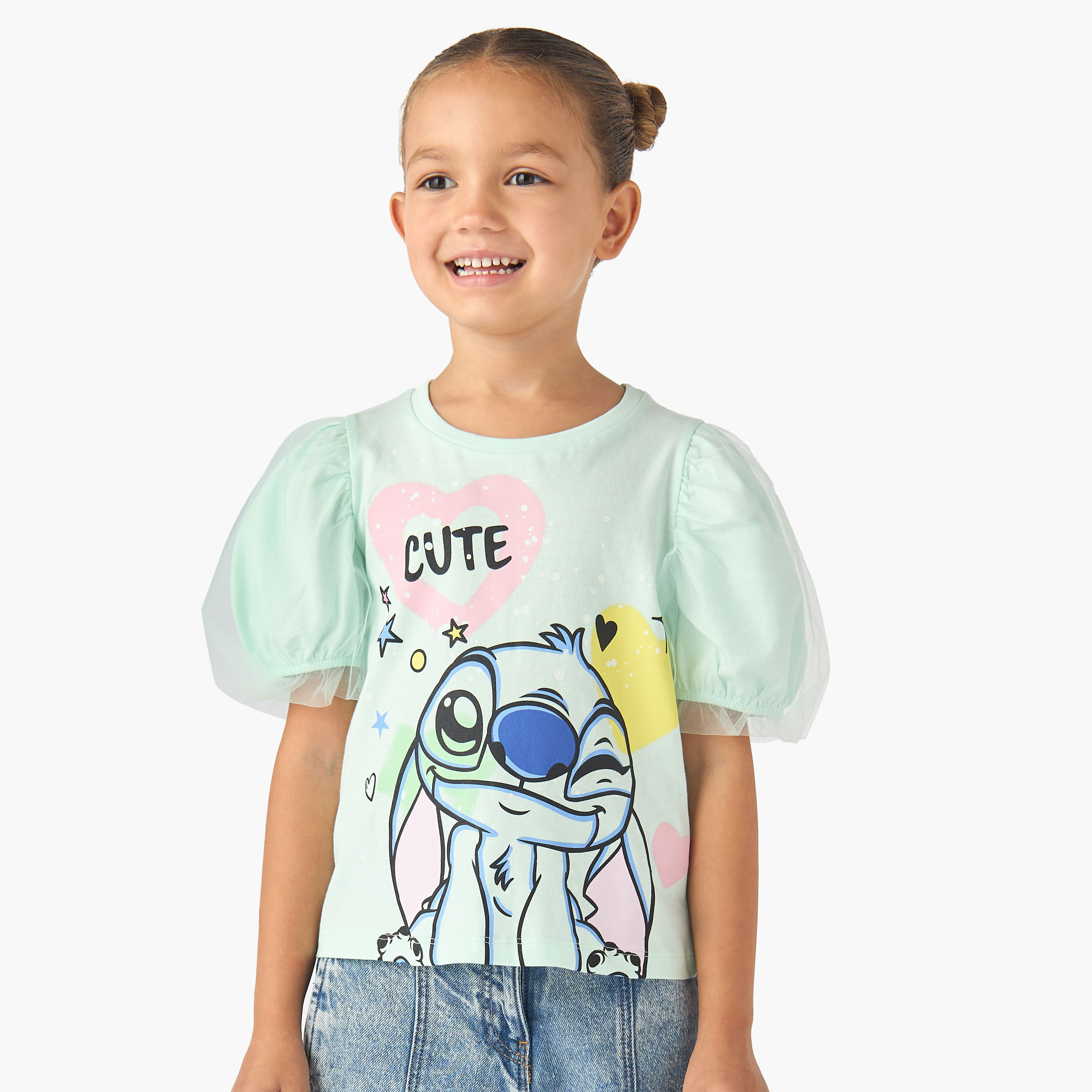 Disney Round Neck Short Sleeve T-shirt with Stitch Print-girls-clothing-tshirts-image-1