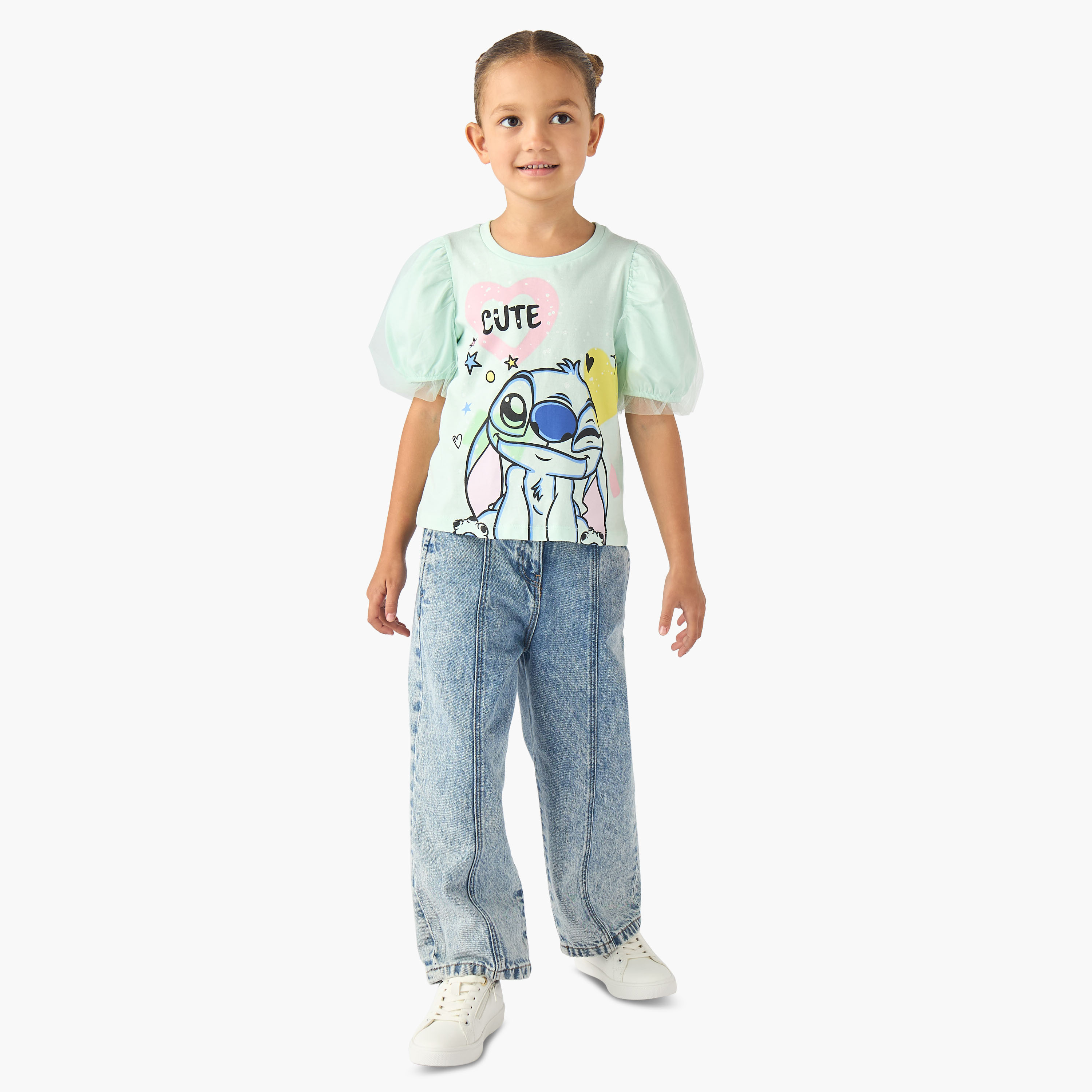Disney Round Neck Short Sleeve T-shirt with Stitch Print-girls-clothing-tshirts-image-2