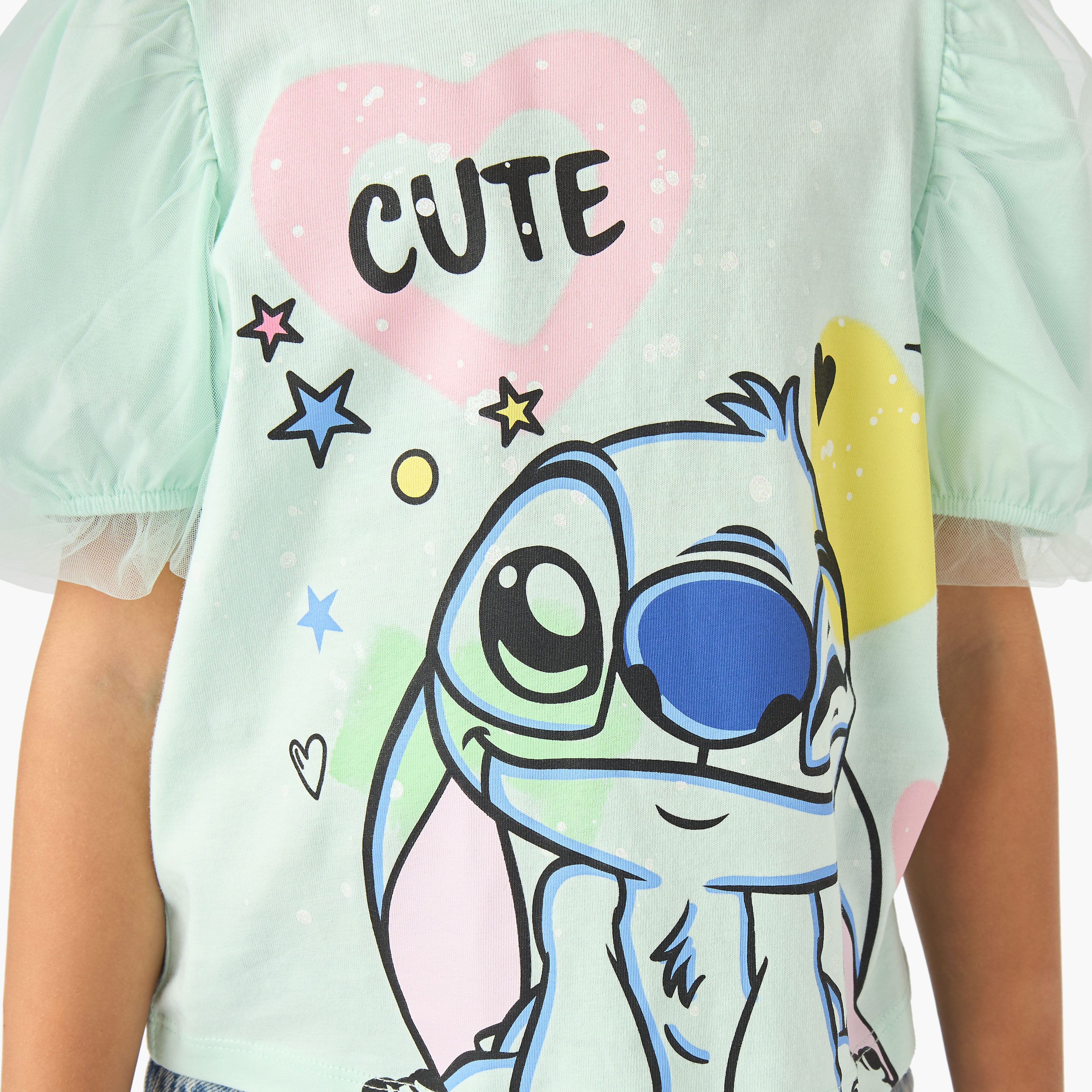 Disney Round Neck Short Sleeve T-shirt with Stitch Print-girls-clothing-tshirts-image-5