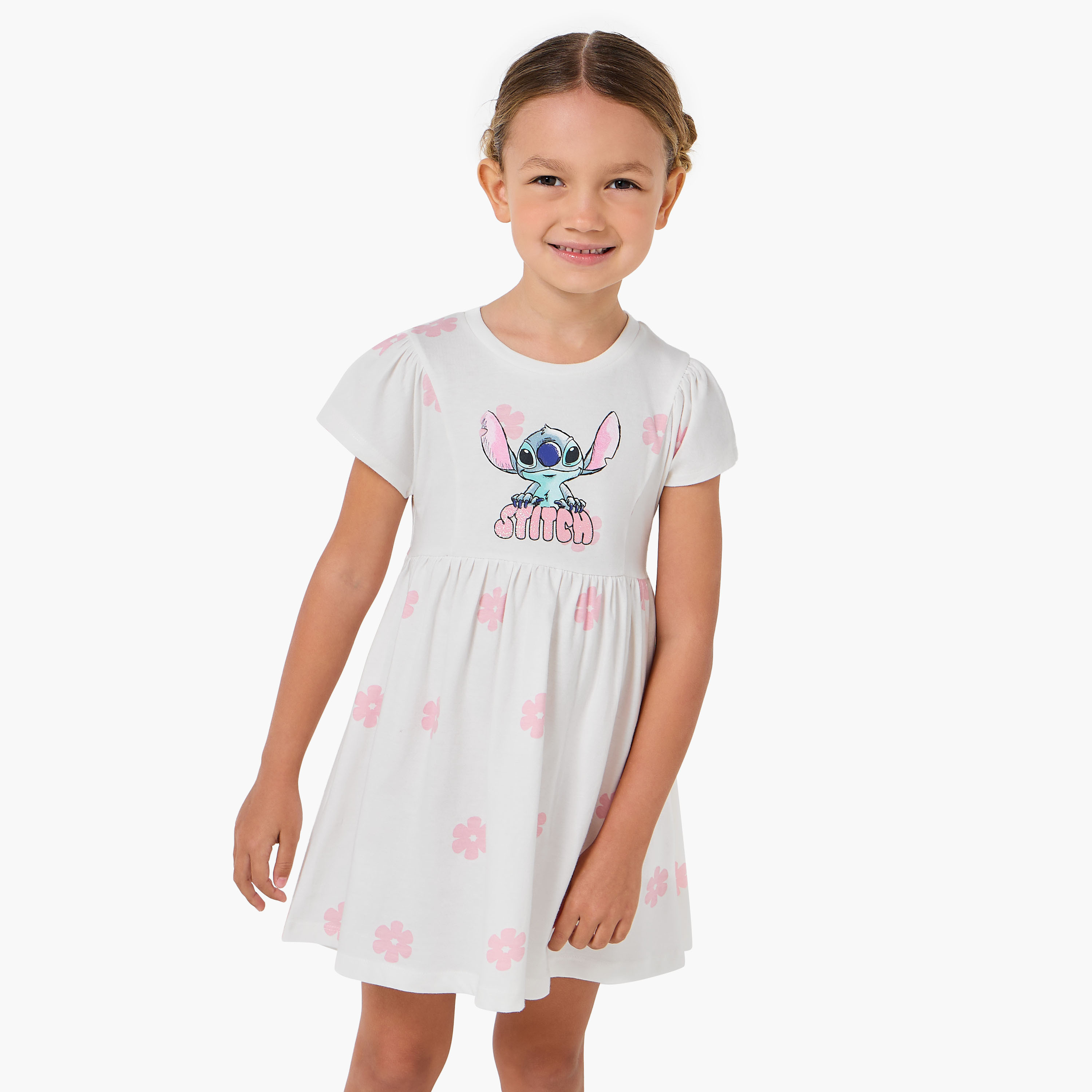 Disney Round Neck Short Sleeves A-line Dress with Floral Stitch Print-girls-clothing-dressesandjumpsuits-image-1