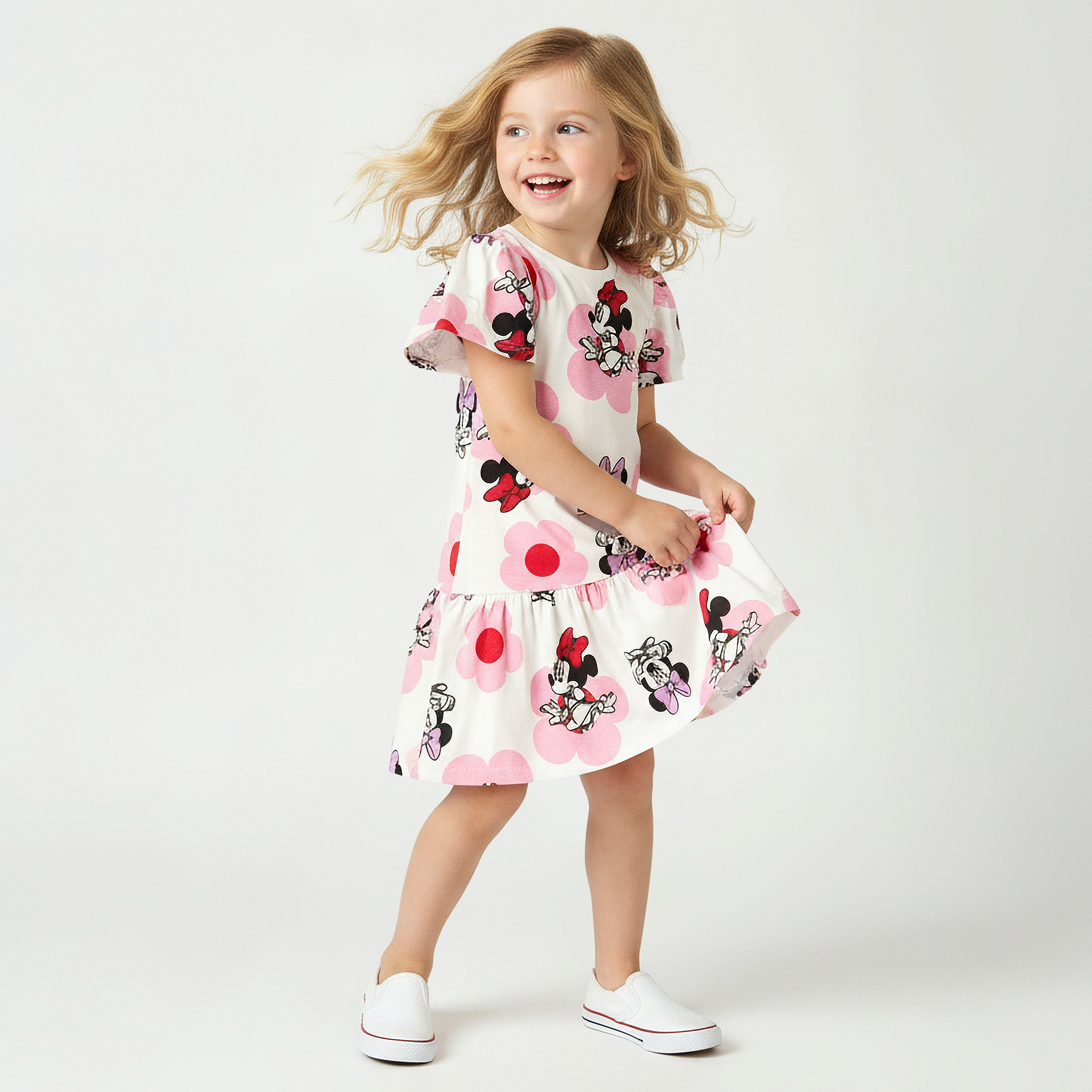 فستان بخصر منسدل وياقة مستديرة وأكمام قصيرة وطبعات ميني ماوس من ديزني-girls-clothing-dressesandjumpsuits-image-4