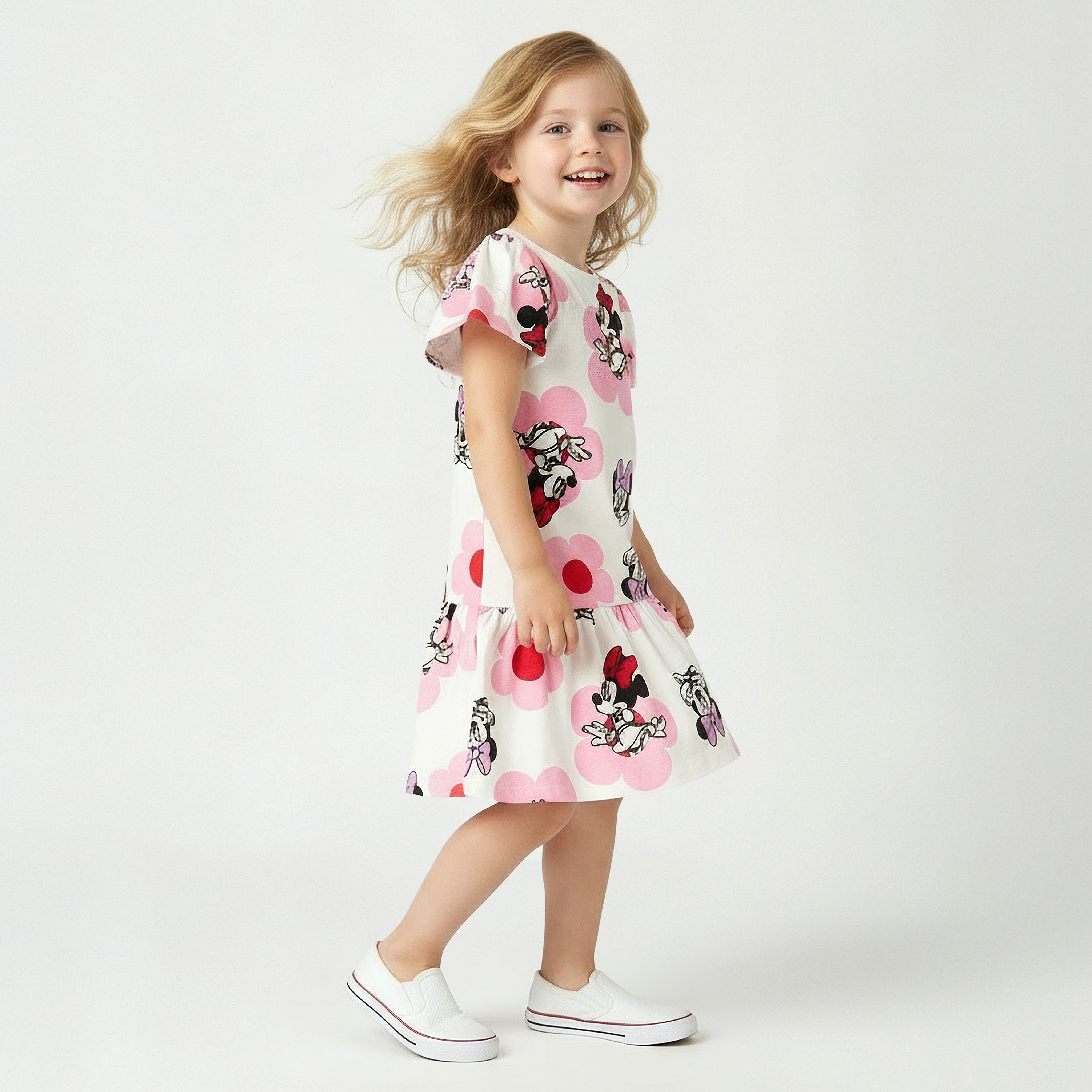 فستان بخصر منسدل وياقة مستديرة وأكمام قصيرة وطبعات ميني ماوس من ديزني-girls-clothing-dressesandjumpsuits-image-1