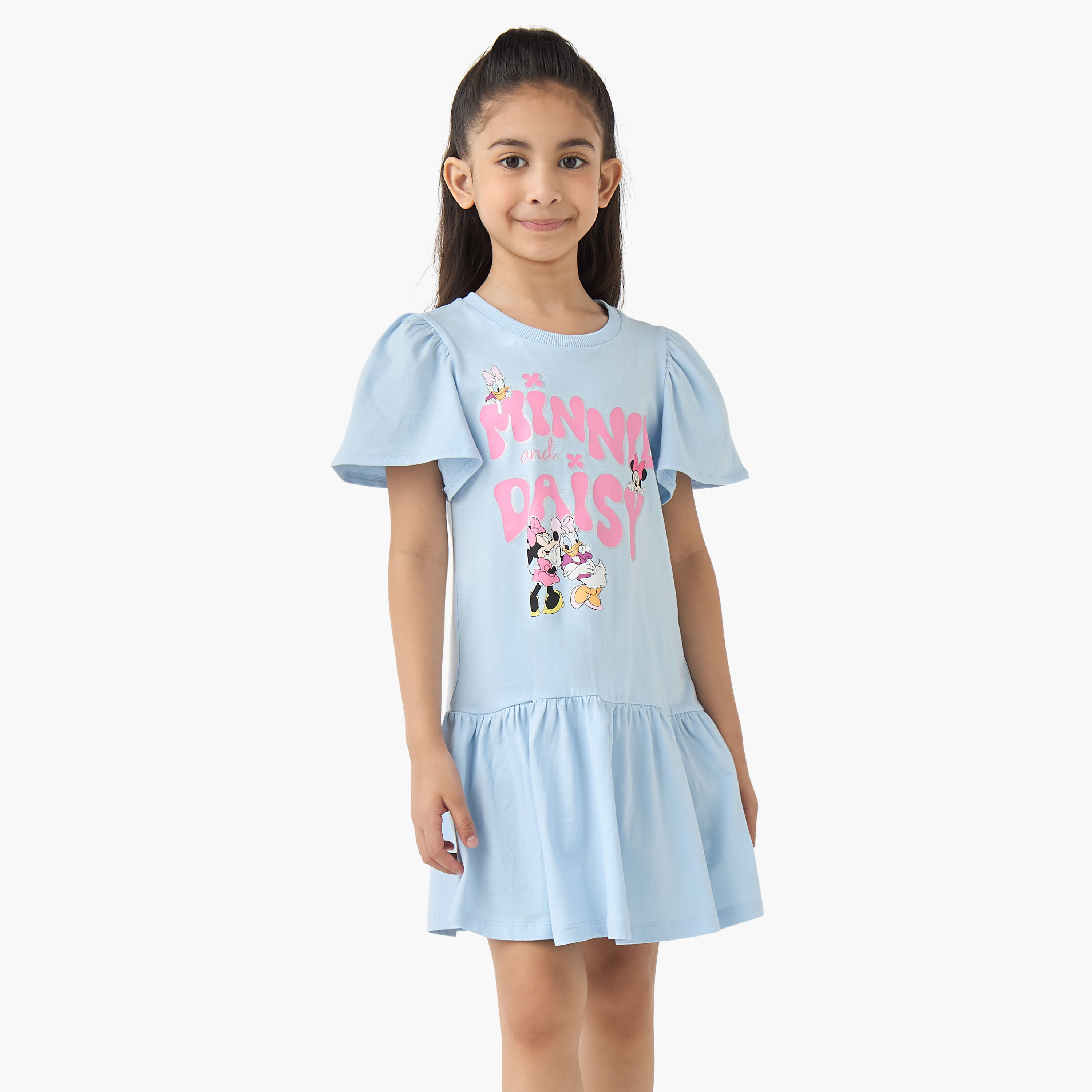 فستان إيه لاين بياقة مستديرة وأكمام قصيرة وطبعات ميني وديزي من جونيورز-girls-clothing-dressesandjumpsuits-image-1