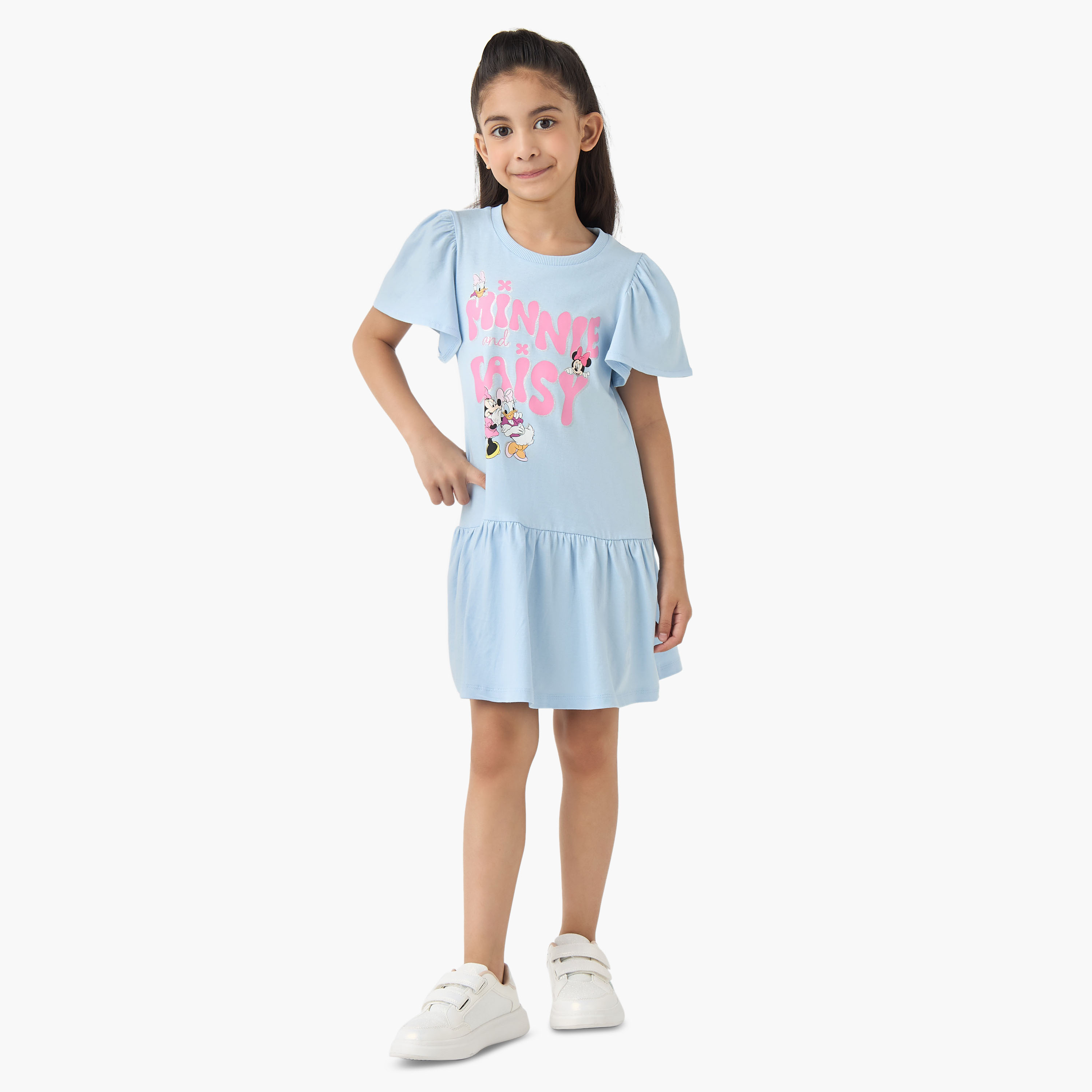فستان إيه لاين بياقة مستديرة وأكمام قصيرة وطبعات ميني وديزي من جونيورز-girls-clothing-dressesandjumpsuits-image-2