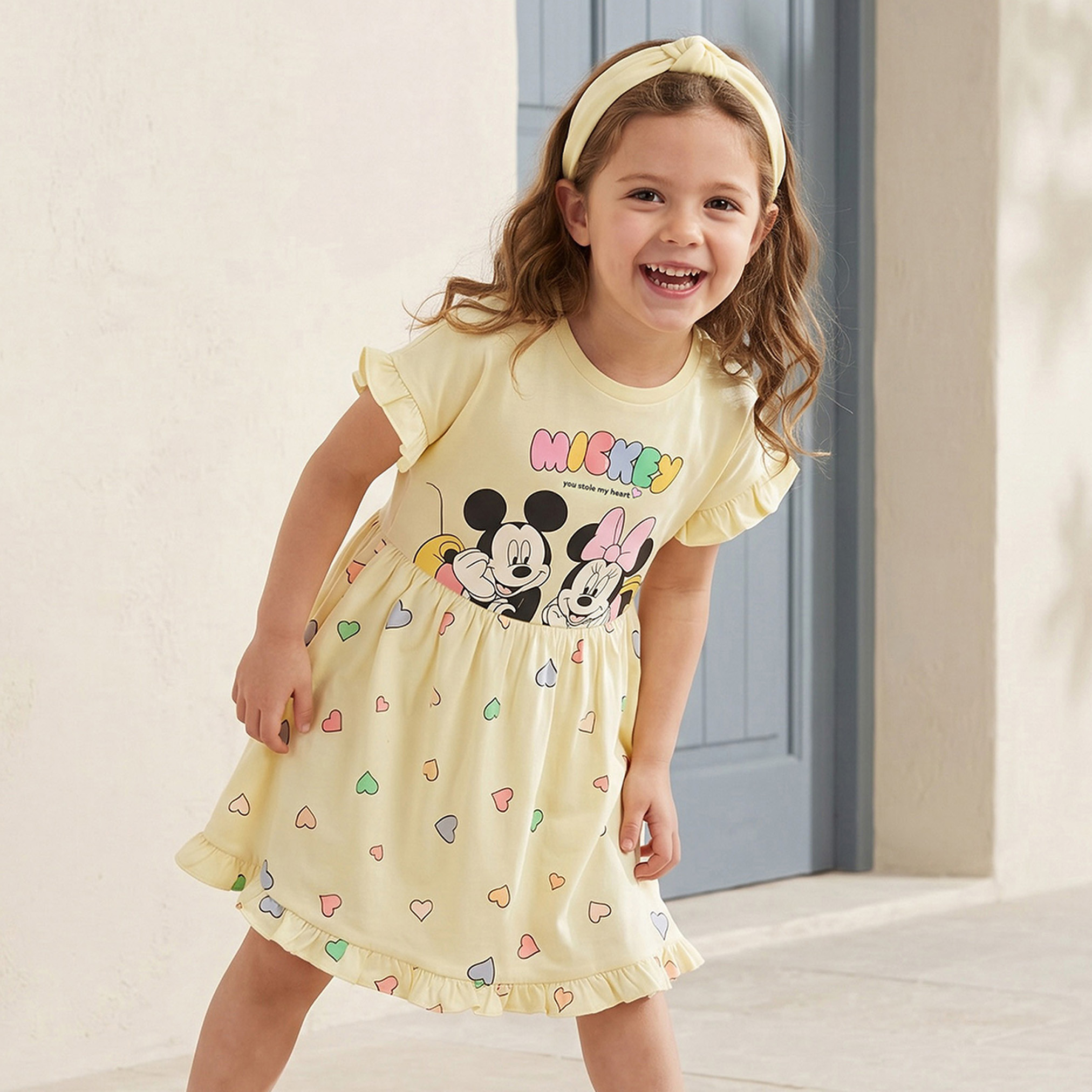 Disney Round Neck Short Sleeves Knee Length A-line Dress with Mickey and Minnie Mouse Print-girls-clothing-dressesandjumpsuits-image-1