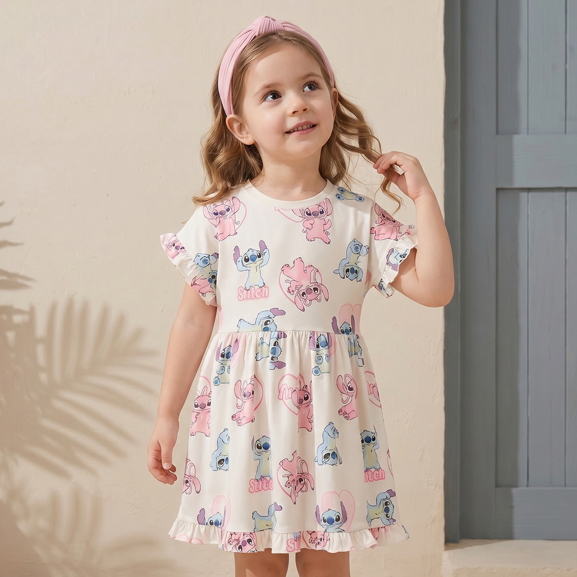 Disney Round Neck Short Sleeves Knee Length A-line Dress with Angel and Stitch Print-girls-clothing-dressesandjumpsuits-image-1