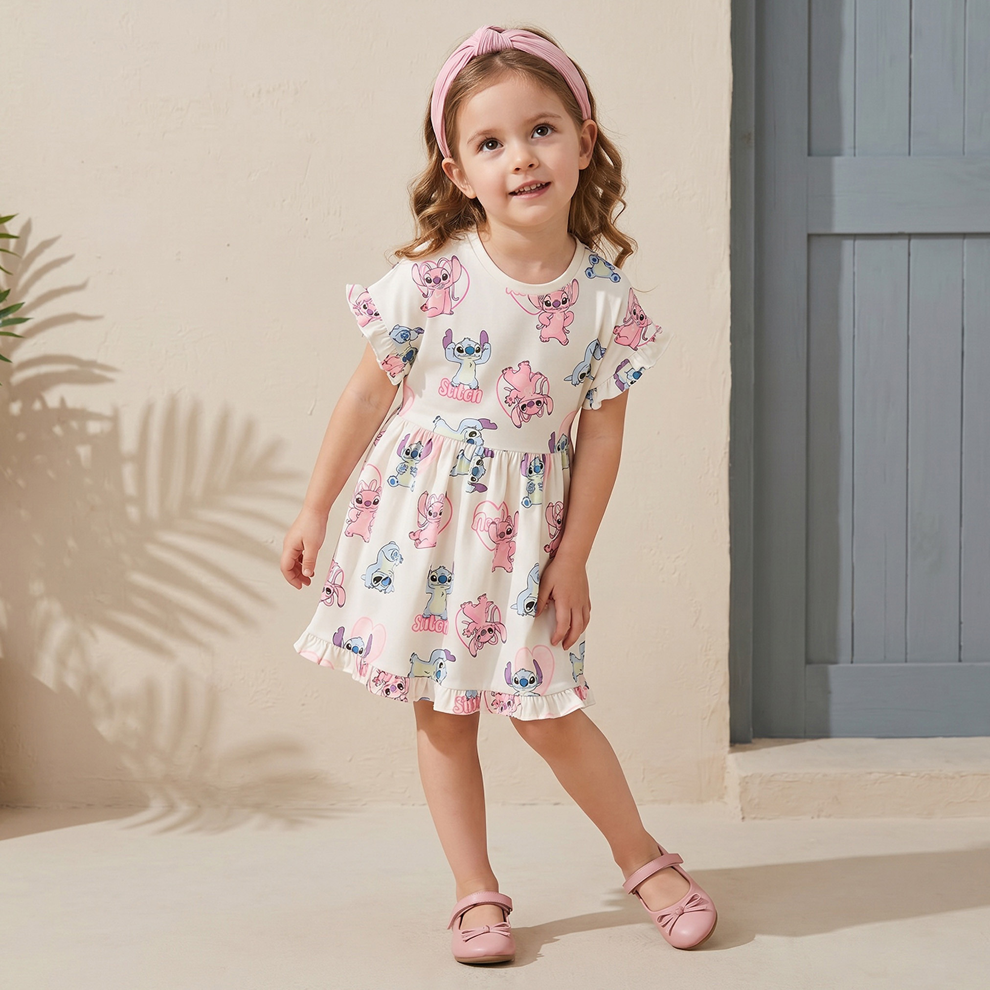 Disney Round Neck Short Sleeves Knee Length A-line Dress with Angel and Stitch Print-girls-clothing-dressesandjumpsuits-image-2