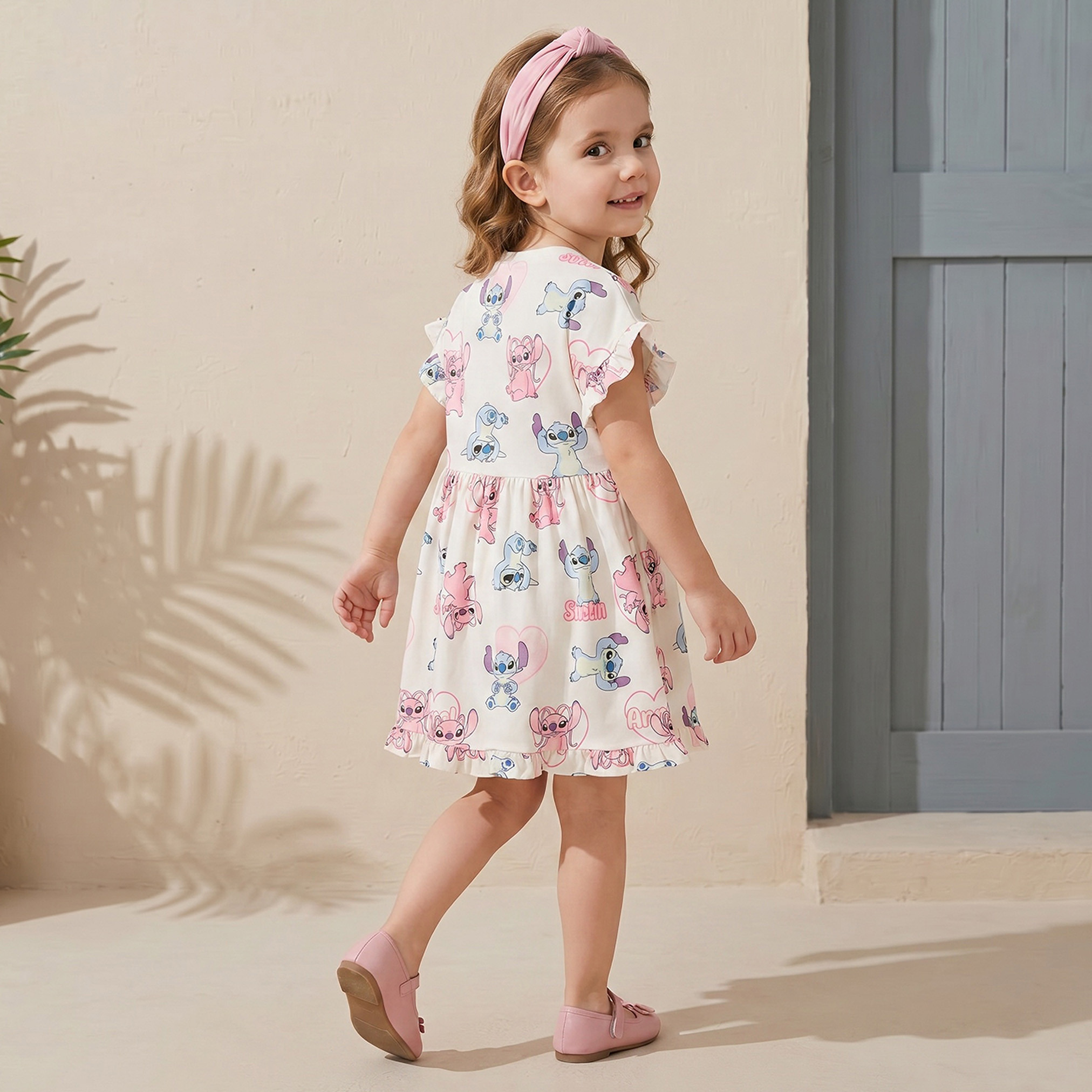 Disney Round Neck Short Sleeves Knee Length A-line Dress with Angel and Stitch Print-girls-clothing-dressesandjumpsuits-image-3